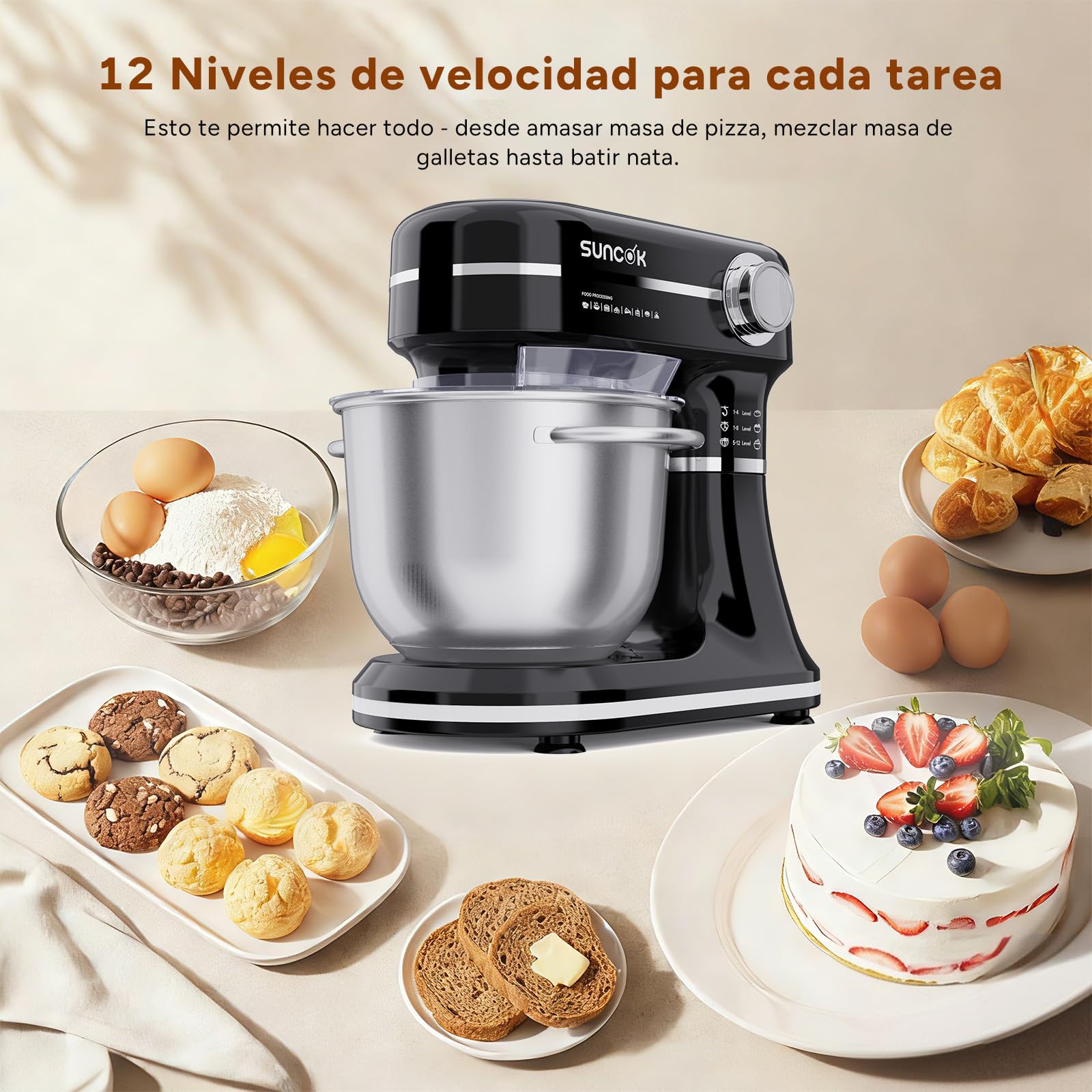 Batidora Amasadora 1500W, 2 Cubetas de Acero Inoxidable (4,5L/5,5L), 12 Velocidades, Fermentación/Calentamiento, Báscula, Temporizador, Bajo Ruido, 3 Accesorios de Mezcla (B03B, B03B-negro)