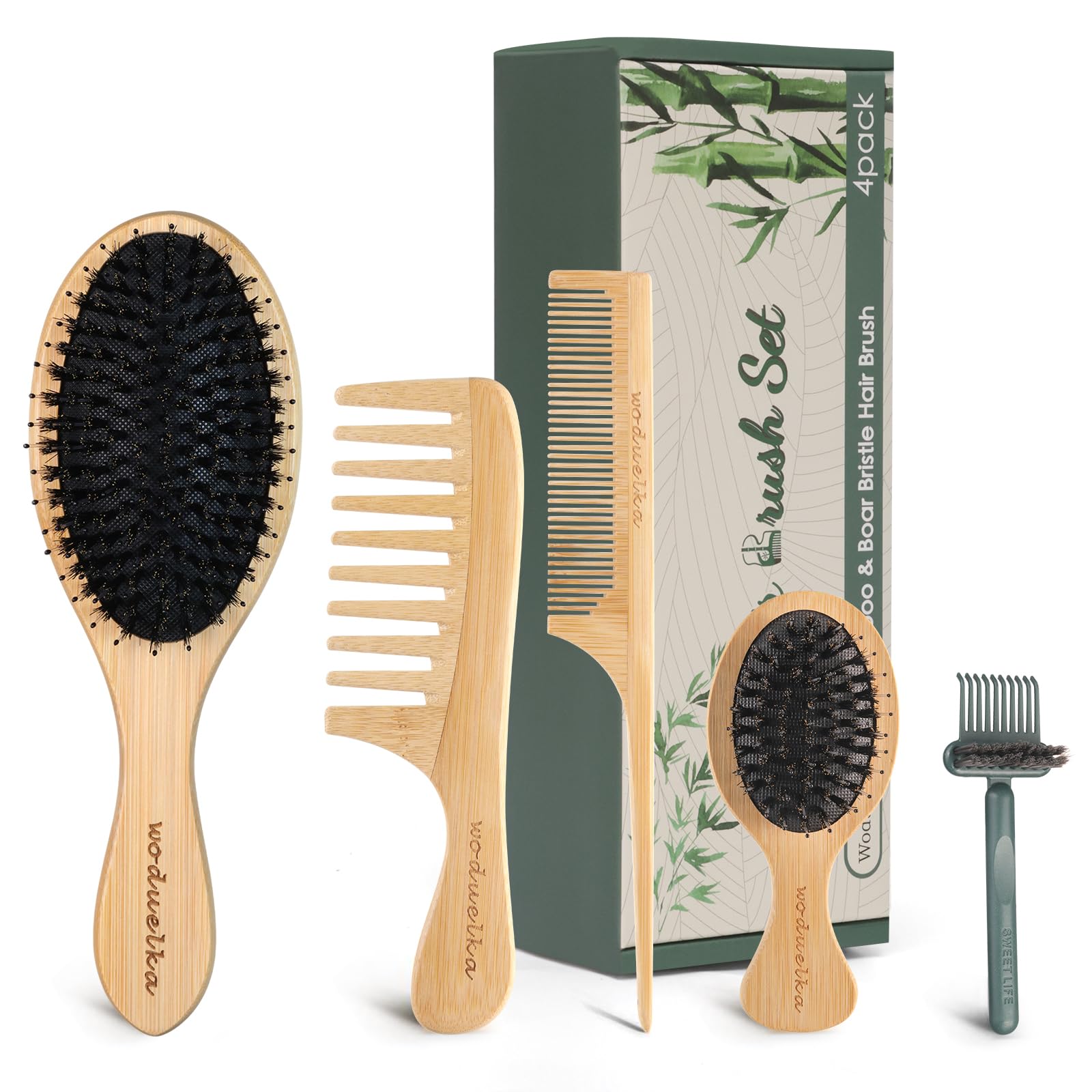 Boar Bristle Hair Brush Set, Bamboo Comb Set for Hair Growth