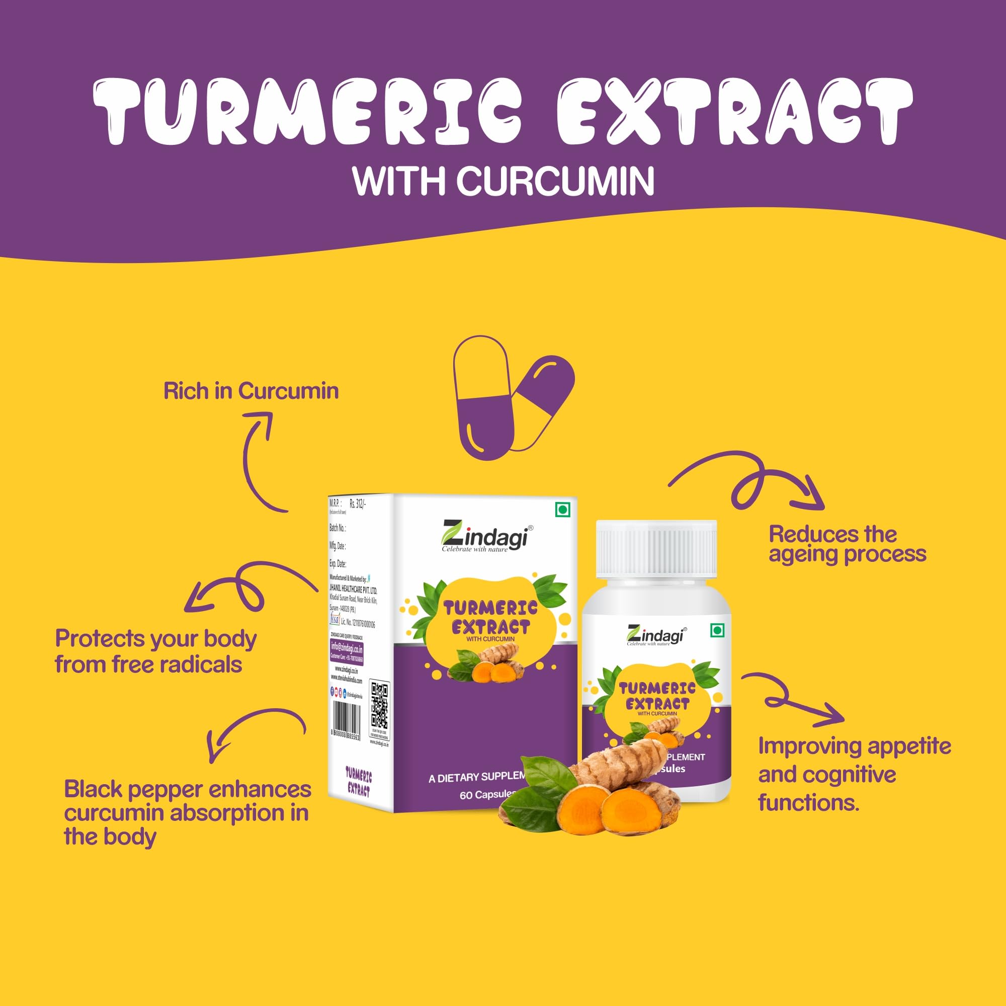 Zindagi Turmeric Extract Capsules With Curcumin - Maintain Healthy Joints - Powerful Antioxidant - 60 Capsules (Pack of 2) - Image 6 thumbnail