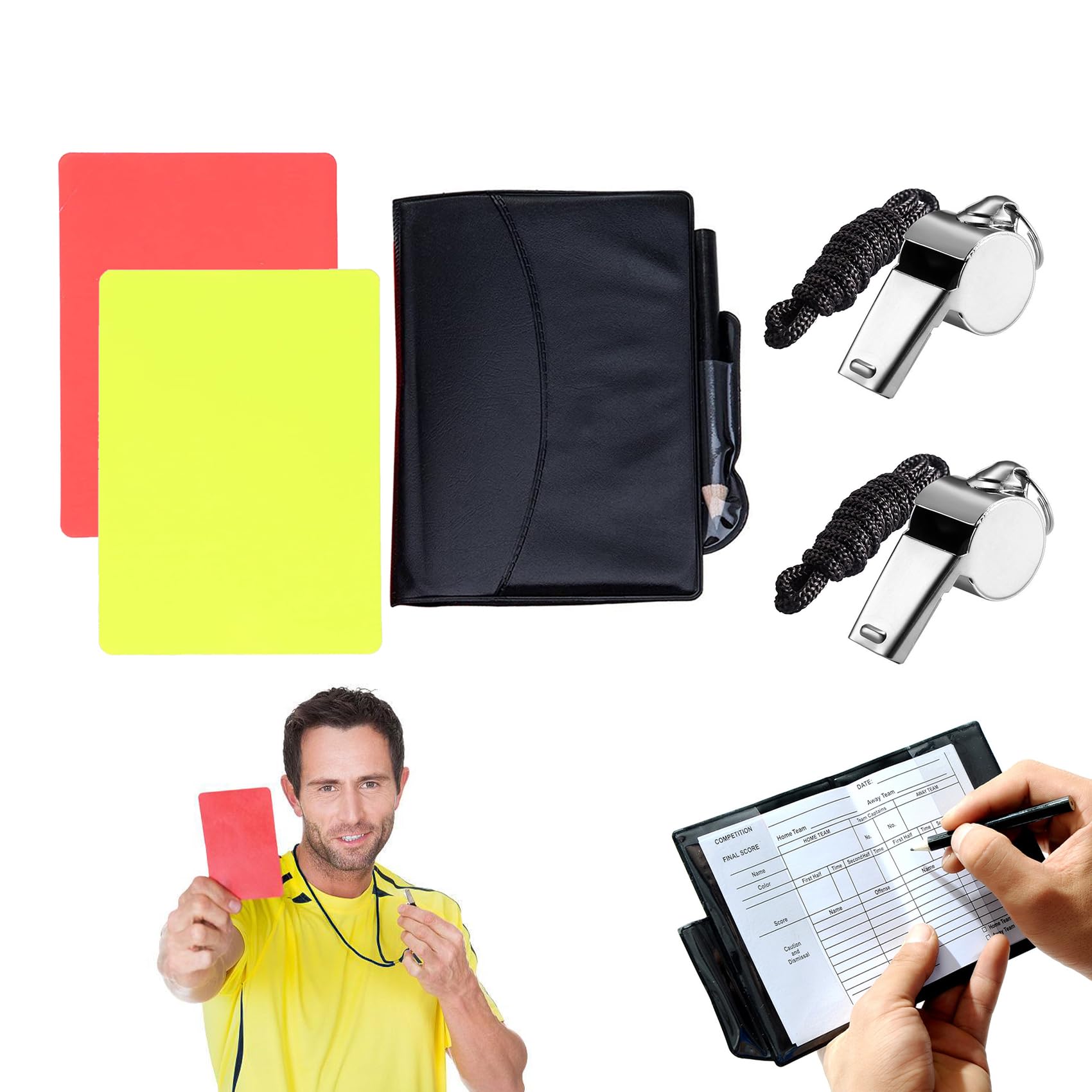 Olakin Set D'arbitrage Football – Cartons Rouge/jaune, Carnets, Crayon, 2 Sifflets – Pour Entraîneurs Et Arbitres