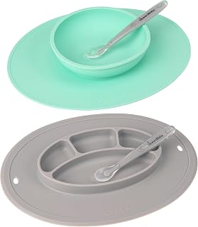 Upward Baby Suction Plates & Bowls for Baby -Toddler Essentials Silicone Baby Plate & Bowl with 2 Baby Spoons Self Feeding 6 Months - Kids Plates Baby Utensils & Baby Feeding Supplies BPA Free
