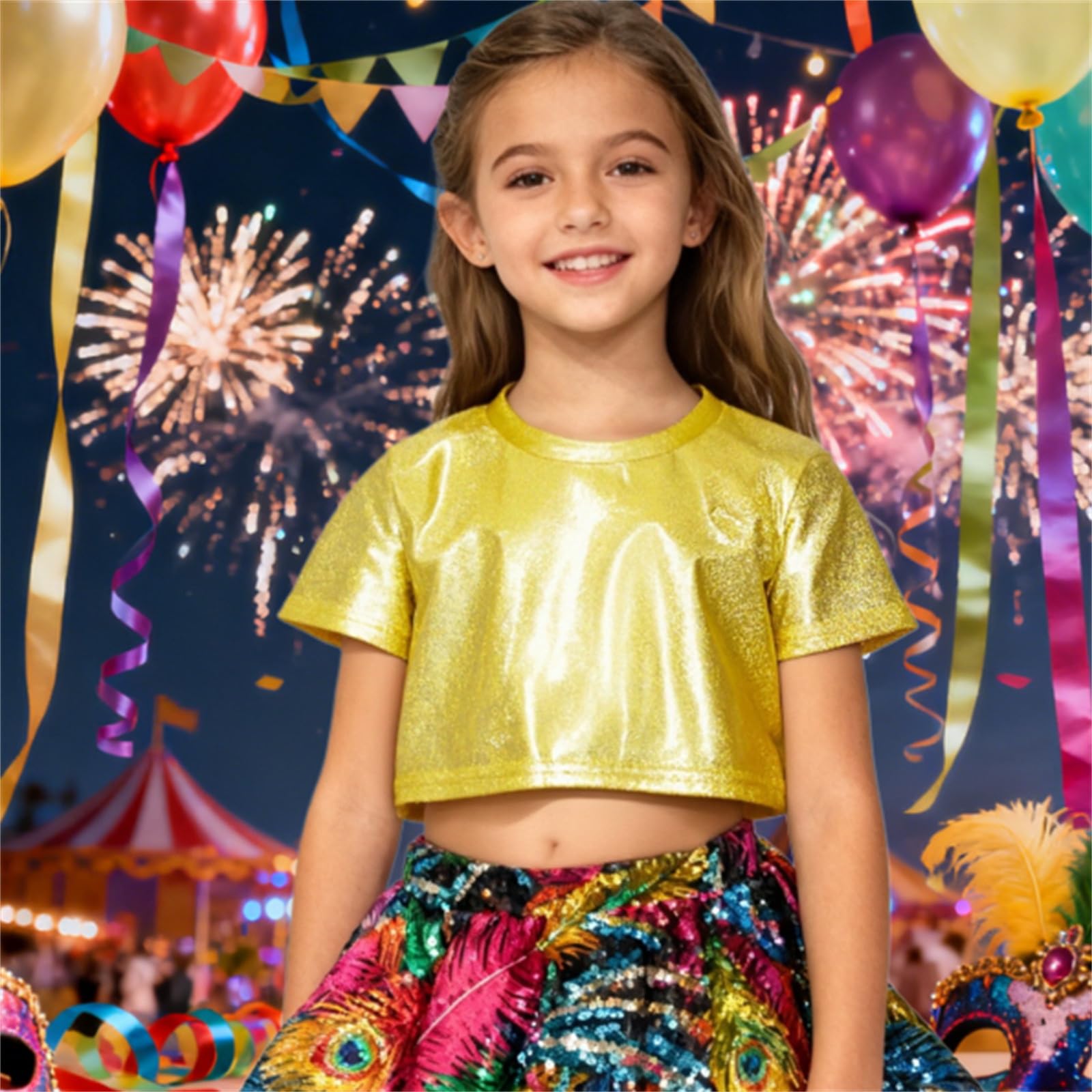Camiseta Brillante Lentejuelas Crop Top para Niñas Bailar Gimnasia Animadoras Fiestas