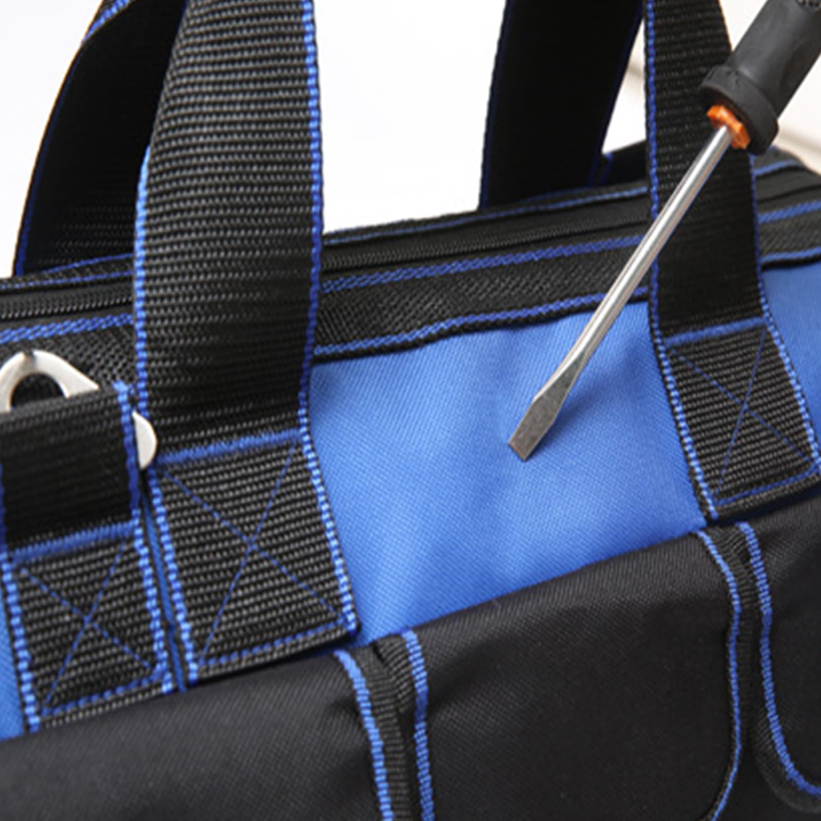Borsa per attrezzi resistente con fondo rigido impermeabile, ampia apertura per elettricista, carpentiere, meccanico, con molte tasche (Blu, 21/29/40 cm)