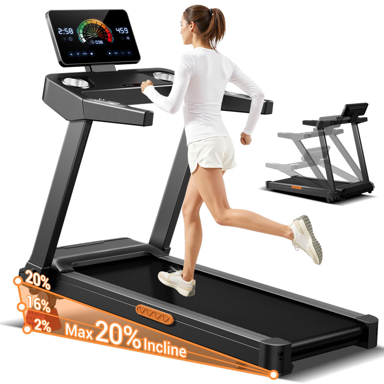 UMAY Cinta de Correr Plegable con Inclinación 16%, 14 KM/H, 3.5HP | Cinta de Andar con Frecuencia Cardíaca, Caminadora Electrica para Casa con Pantalla LED,180kg