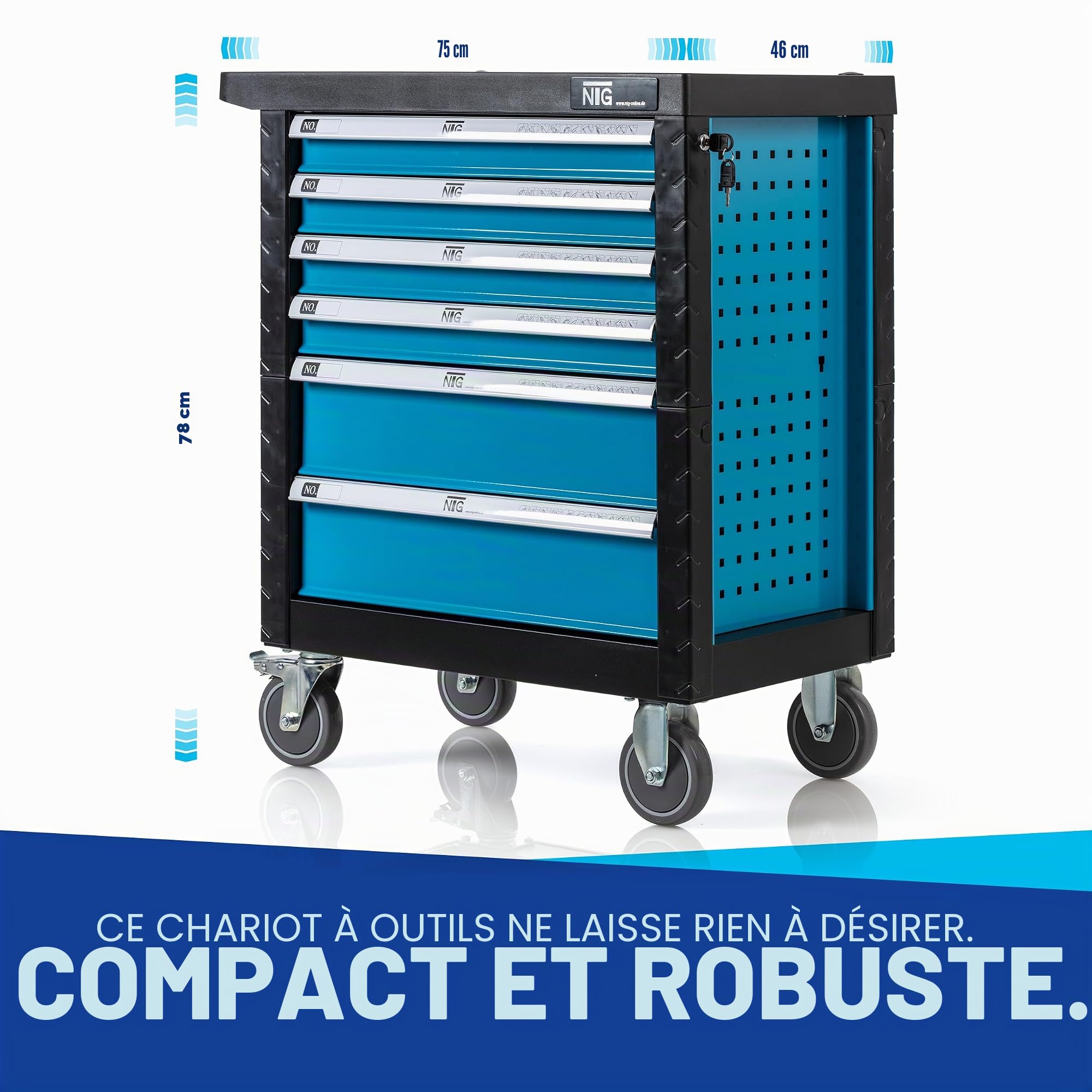 Chariot à Outils - Boîte à Outils + Outils - 220 pièces - avec 6 tiroirs Dont 4 avec Outils - Verrouillable - Tiroirs à roulement à Billes - 2 roulettes pivotantes - Frein de stationnement