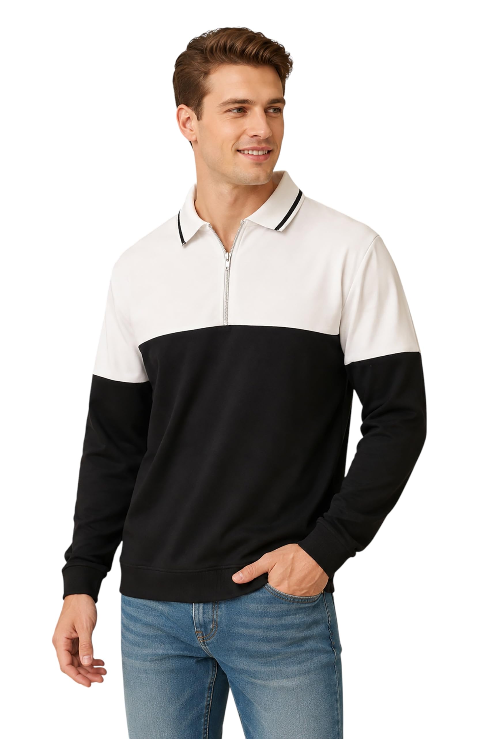 glito fleece sweatshirt for men - colourblocked | polo collar | half zipper | regular fit | full sleeves | winter sweatshirt for men