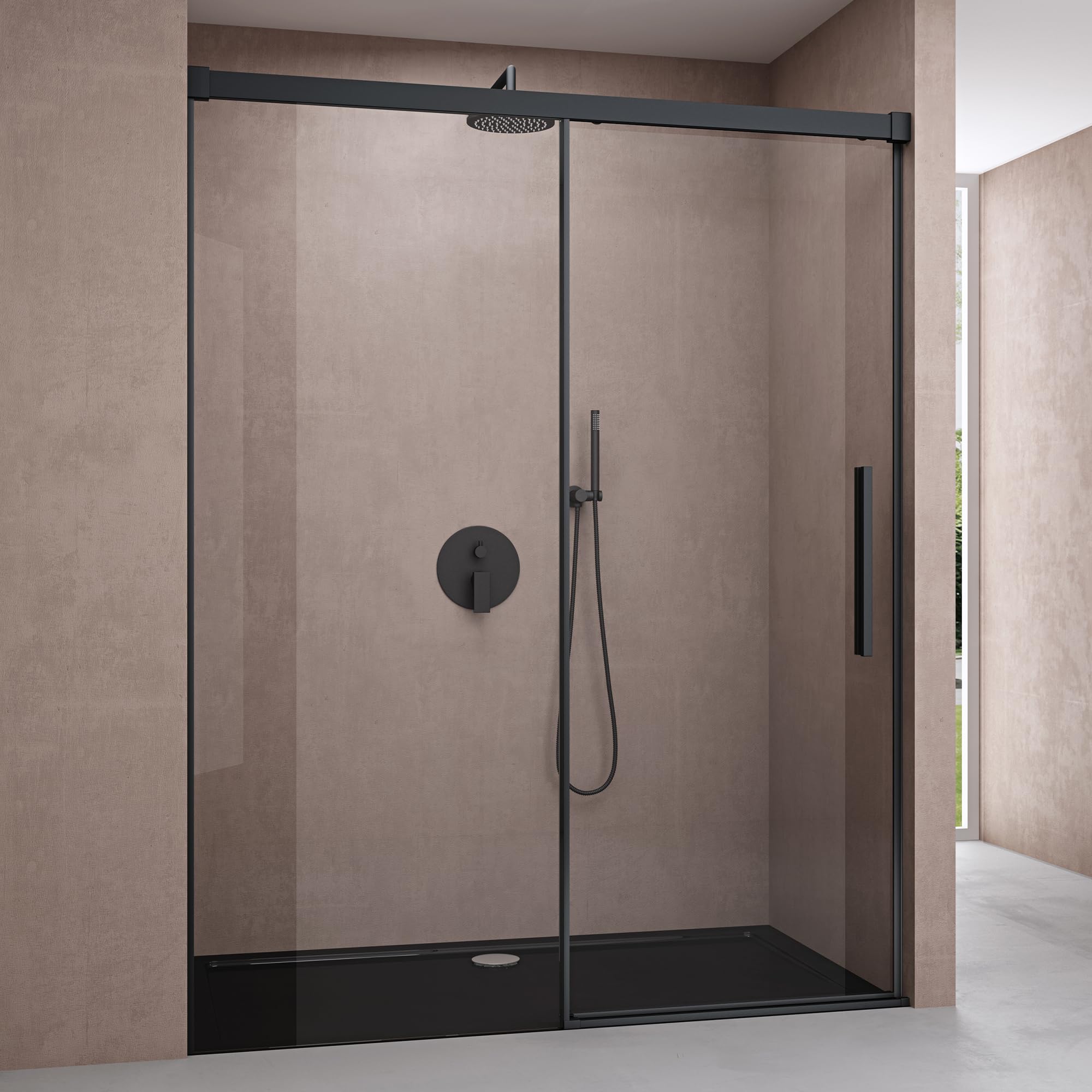 Puerta corredera de ducha para nicho de 140 x 195 cm con perfil negro