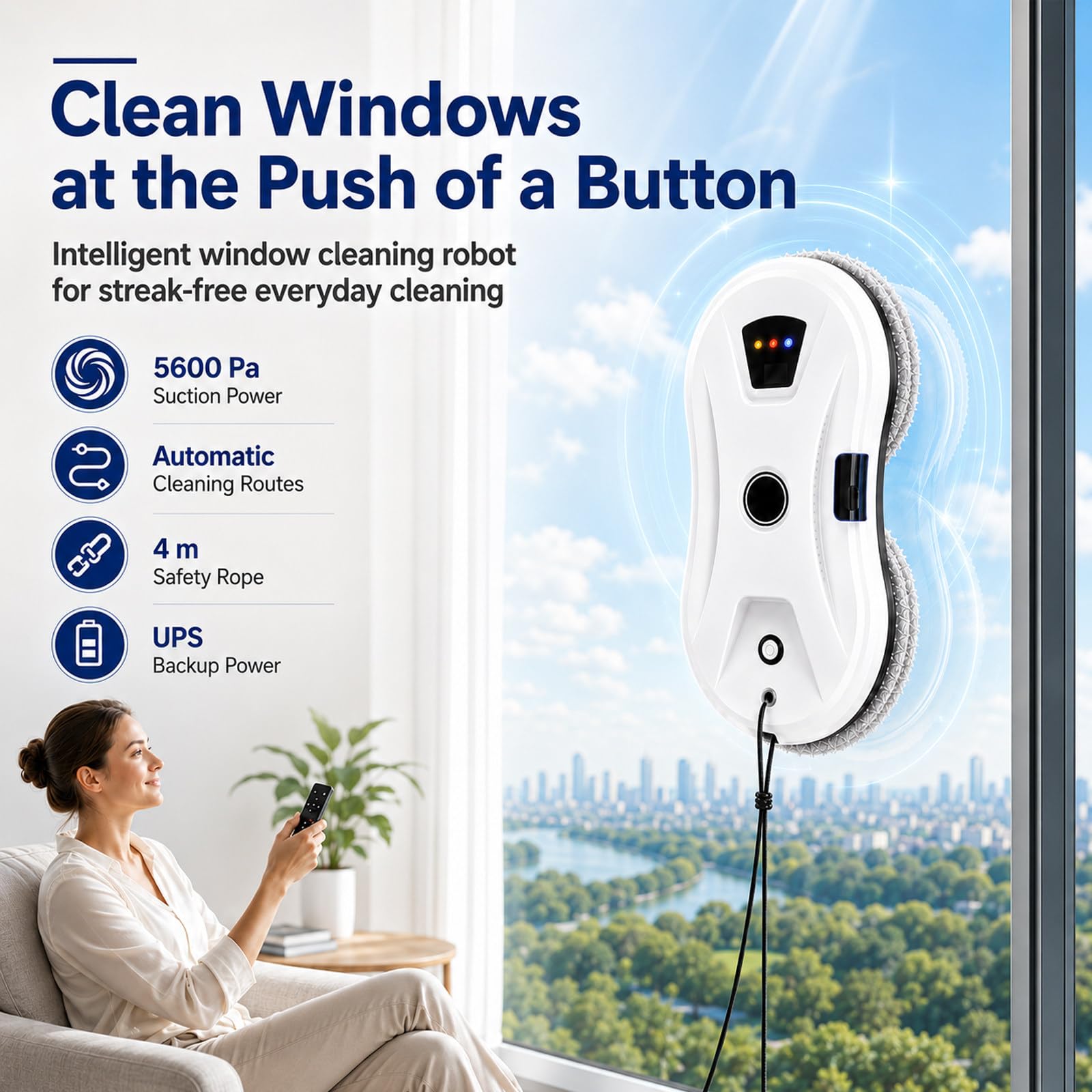 MIAOXIAOLONG Limpiacristales Robot con Seguridad 3 Capas, Navegación Inteligente, Succión 5600Pa y UPS Anticaídas, Ideal para Ventanas Altas, Puertas de Vidrio, Ducha, Regalo para Padres