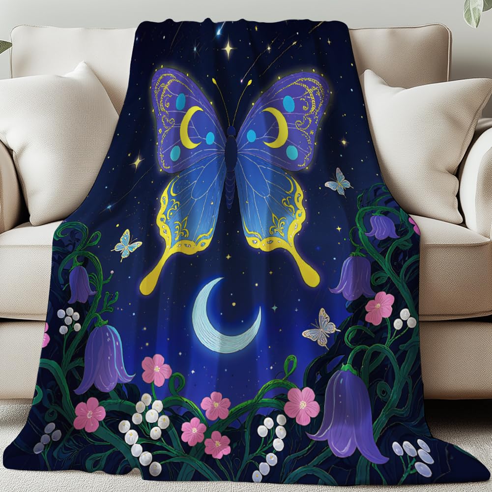 GLOBLELAND Moth Butterfly Throw Blanket 59×51" Moon Flower Pattern