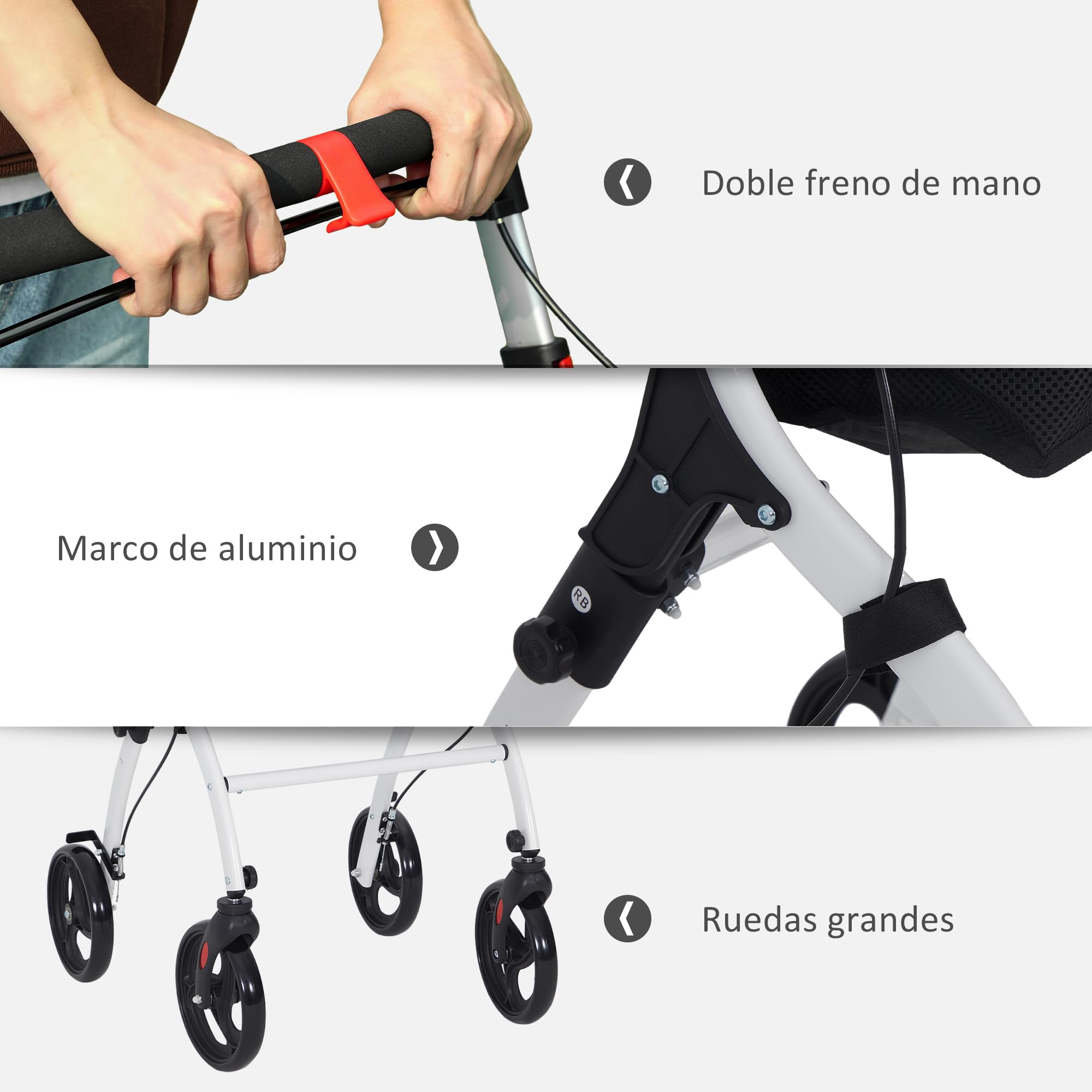 HOMCOM Andador para Ancianos Plegable de Aluminio con 4 Ruedas Blanco | Andador para Personas Mayores, Bandeja, Altura Ajustable, Frenos de Maneta, Bolsa de Transporte