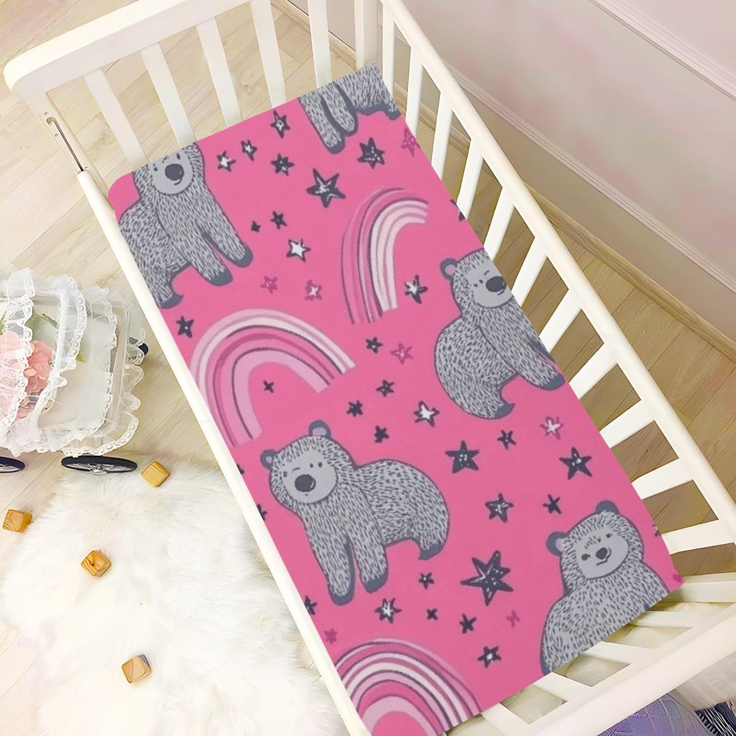 Bears Rainbow and Stars Pink Crib Sheets for Boys Girls Toddler Mattresses Cover Soft Breathable Mattresses Fitted Baby Bed Sheets Cute Fashionable Bed Cover 39"x 27"x 5"