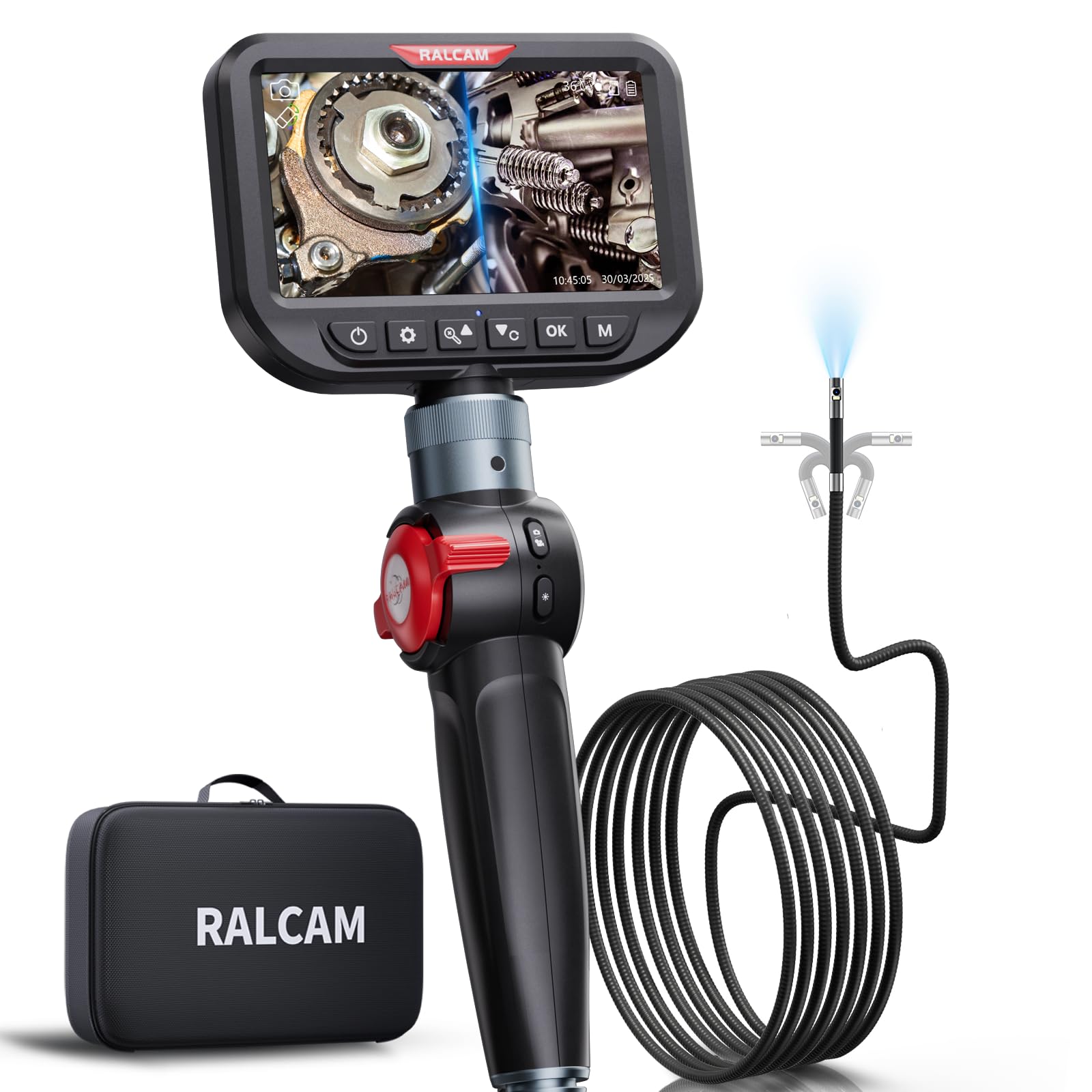 Ralcam Endoscope Camera with Light, Endoscope Camera with 180° Movable Head, 8.5 mm Dual Probe, 5 Inch HD Display, Inspection Camera IP67 Waterproof, Tube Camera with 3M Semi-Rigid Cable and 8+1 LEDs