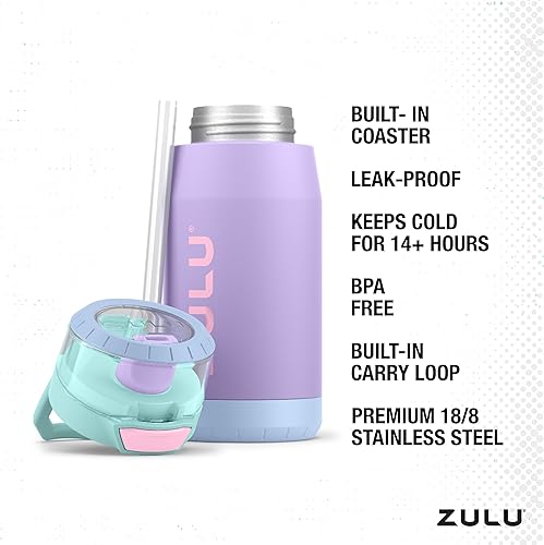 Miniatura 10 de Zulu Kids Flex - Botella de agua con boquilla de silicona, tapa abatible a prueba de fugas y lazo de transporte suave al tacto para mochila escolar,