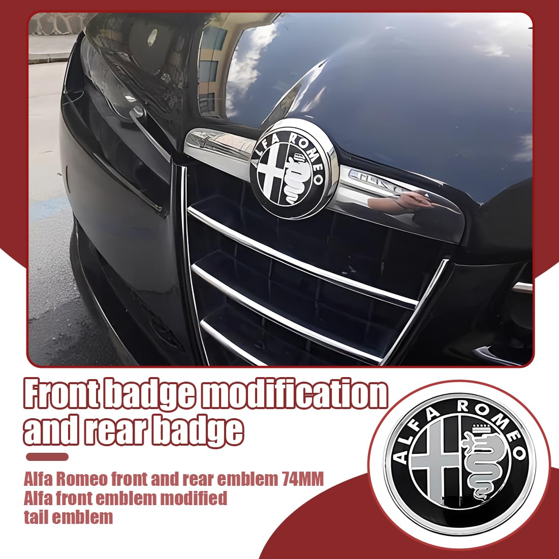 2 Pezzi 74mm Fregi Stemma Compatibili con Alfa Romeo Auto Logo Per Cofano Anteriore e Posteriore Emblema Stemmi in Metallo（Nero）