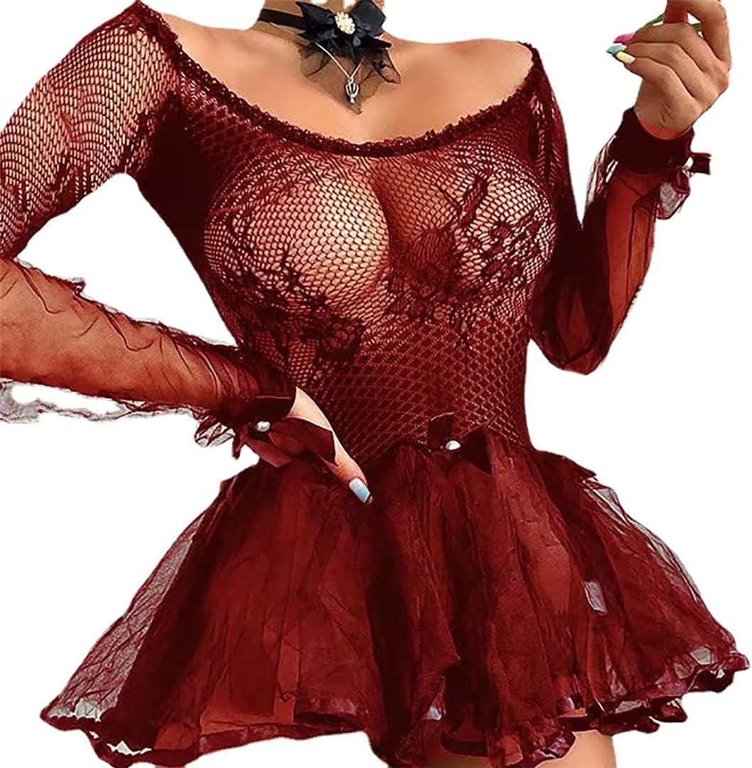 Hdhdeueh Women Gothic See Through Nightdress Sexy Lace Pajamas Outfit