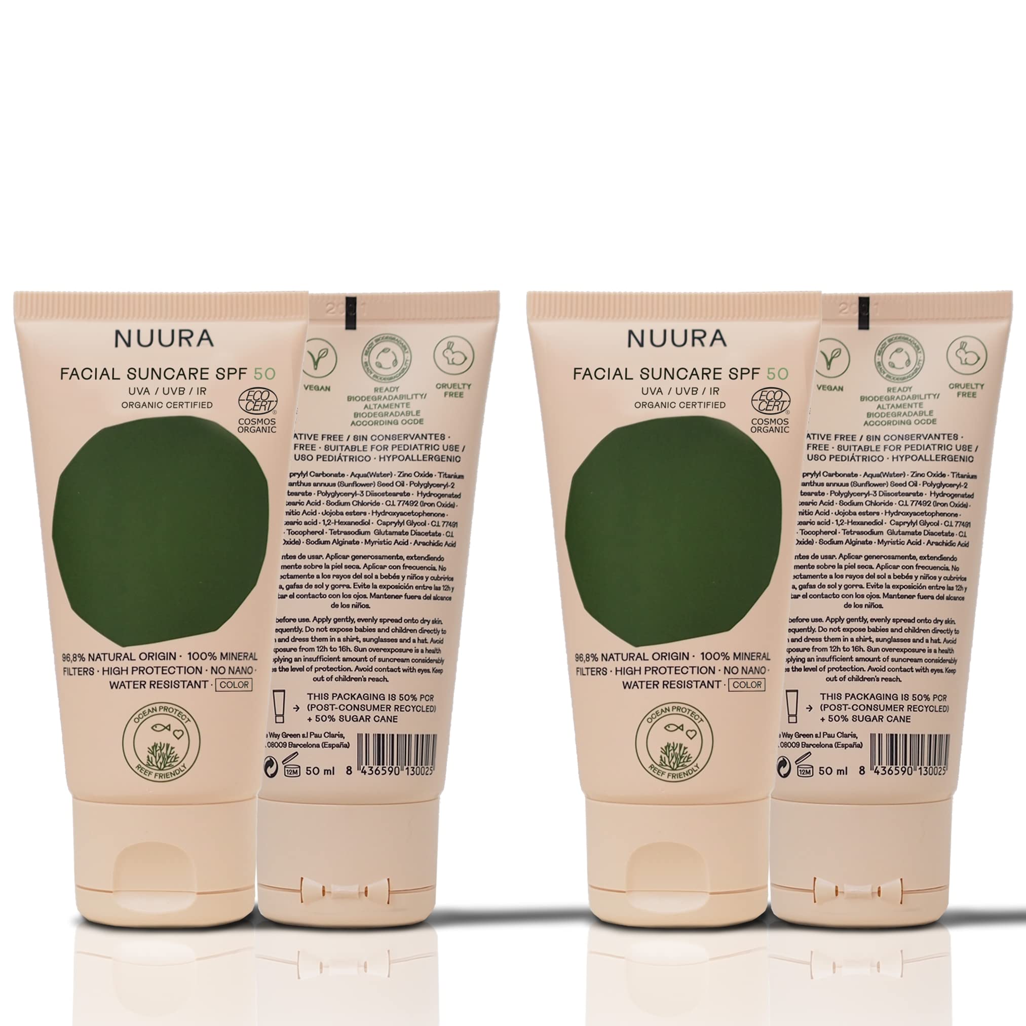 NUURA - Protector Solar Facial Mineral con Color Ecológico - SPF 50+ UVA/UVB/IR - Vegano, Cruelty Free, Ocean & Reef Respect - Para Pieles Sensibles, 50 ml [Pack de 2]