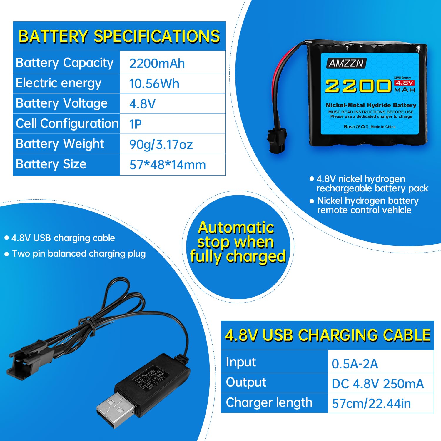 2 Batterie 4.8V 2200mAh NiMH Con Spina SM-2P E Caricabatterie USB Per Auto RC Escavatori SY-E511, E562, TD141