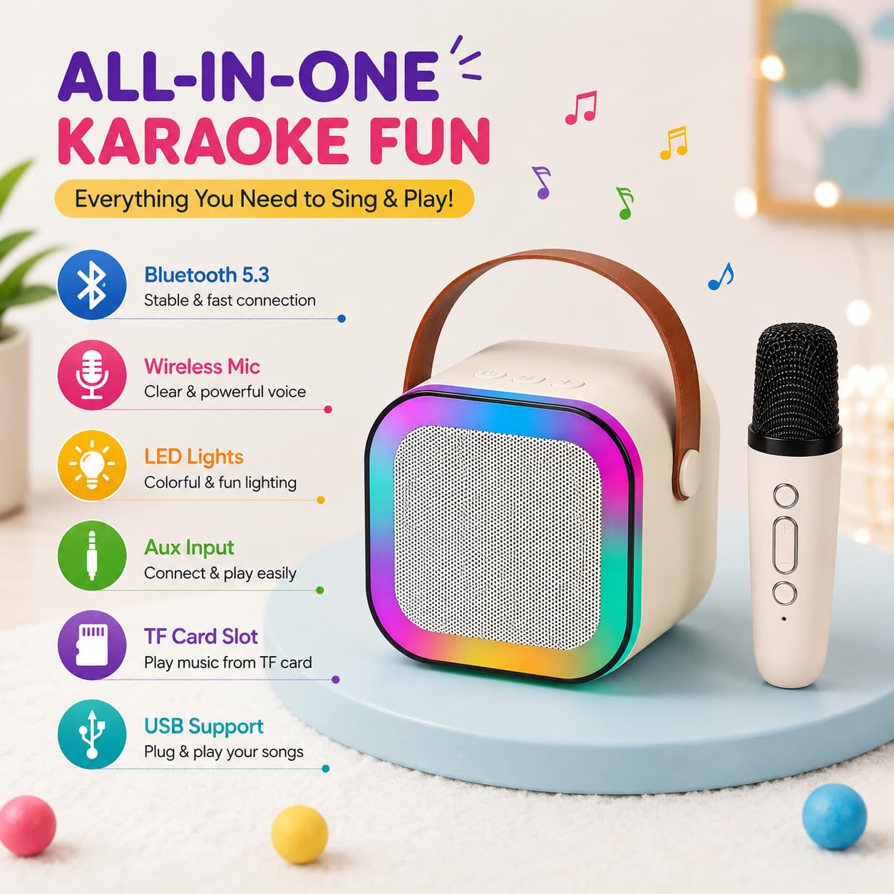 Rechargeable Karaoke Mic with Speaker for Singing | Wireless Mini Portable Bluetooth Speaker with Microphone & LED Lights | Birthday Gift for Kids, Musical Toys for Boys & Girls — Amazon image 4