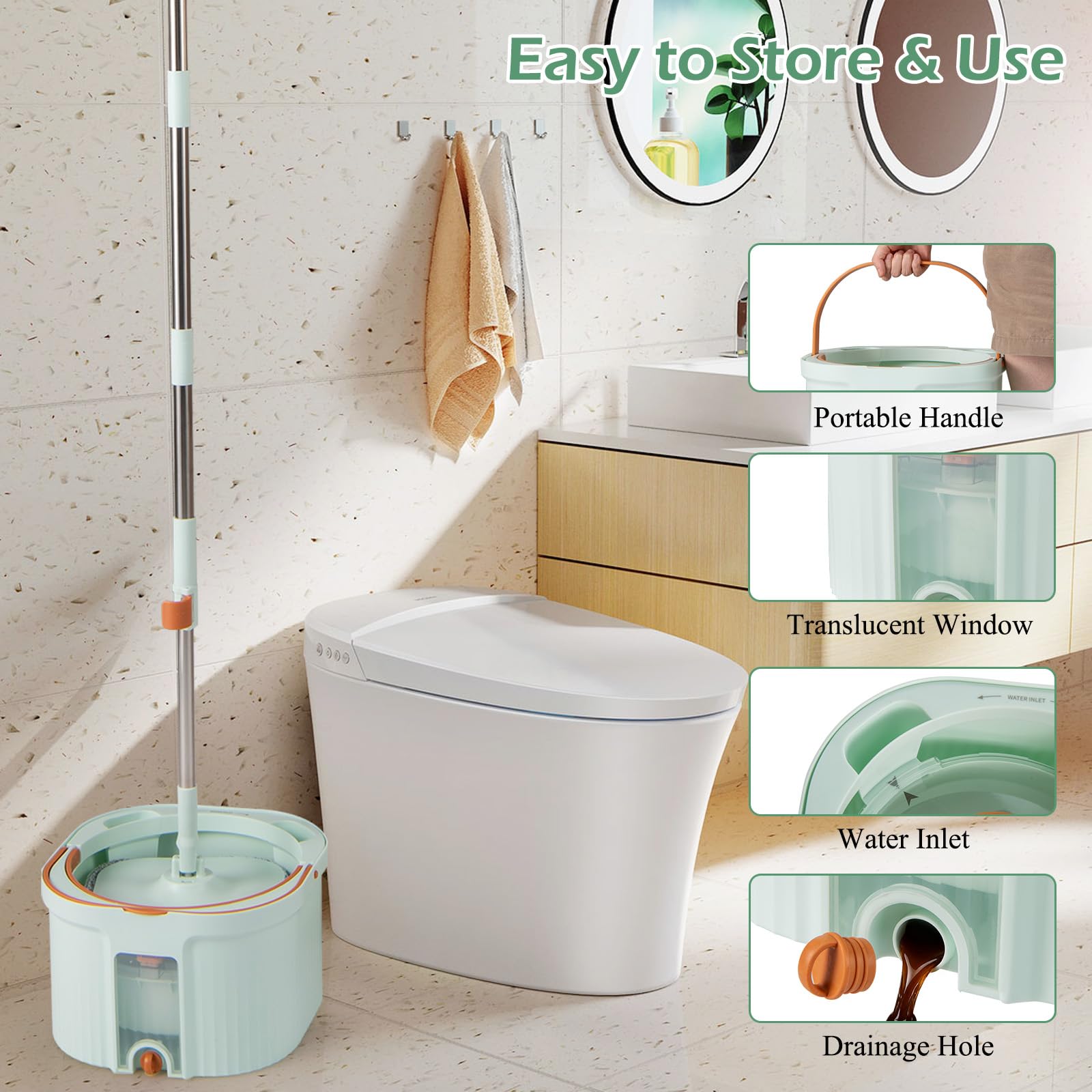 LIFEZEAL Scopa mocio con doppio secchio, testa rotante a 360° con panni riutilizzabili, separazione acqua pulita e sporca per pavimenti in piastrelle in parquet, casa (verde| 1 testa + 8 stracci)