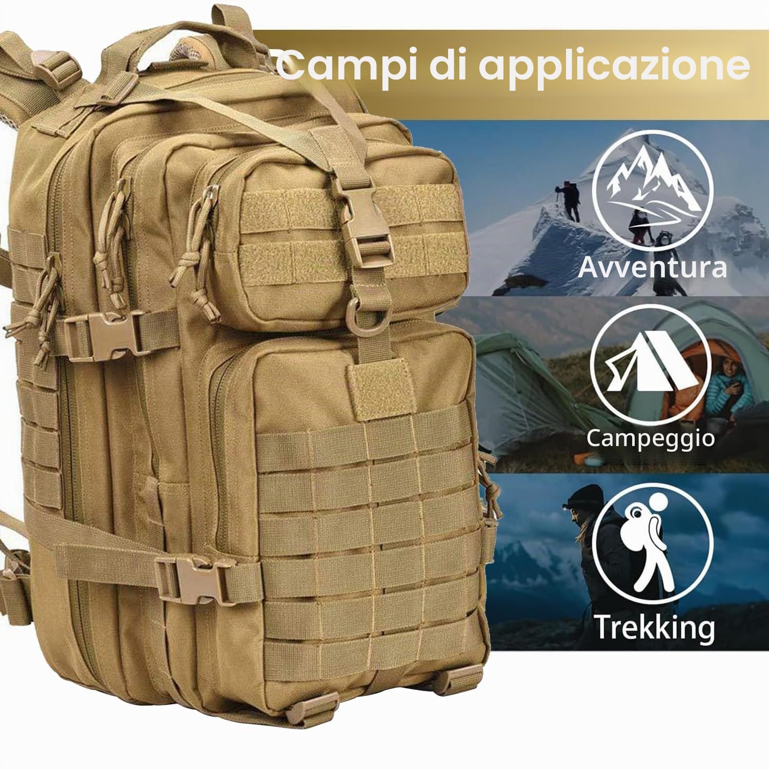 aiGear 45L Zaino Tattico Militare Grande Capacità Impermeabile Kaki | Zaino Trekking, Borsone da Viaggio per Uomo/Donna, per Sport all'aperto Trekking Escursioni Pesca Palestra Camping