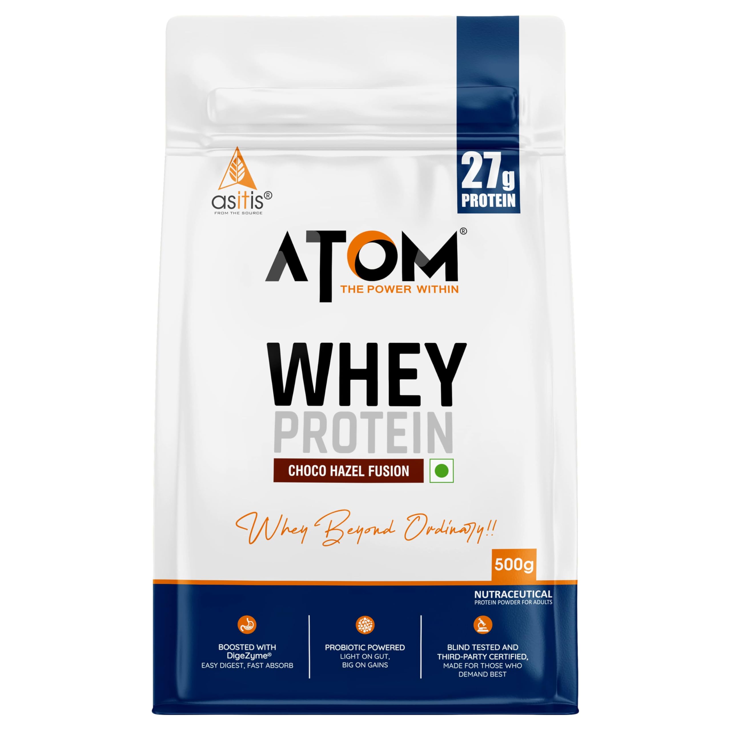 Asitis Nutrition ATOM Beginners Whey Protein 500g | Accelerates Muscle-building | Increases Body Strength | Choco Hazel Fusion