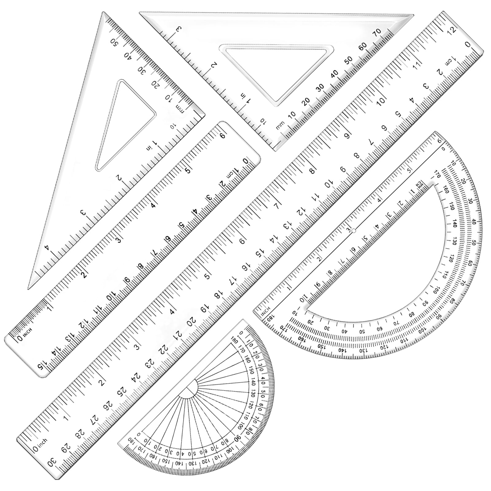 6-częściowy zestaw geometrii – przezroczyste kątomierze (standardowe i duże), linijki 12″/6″, 2 trójkątne linijki do szkoły, biura, inżynierii i rysowania artystycznego