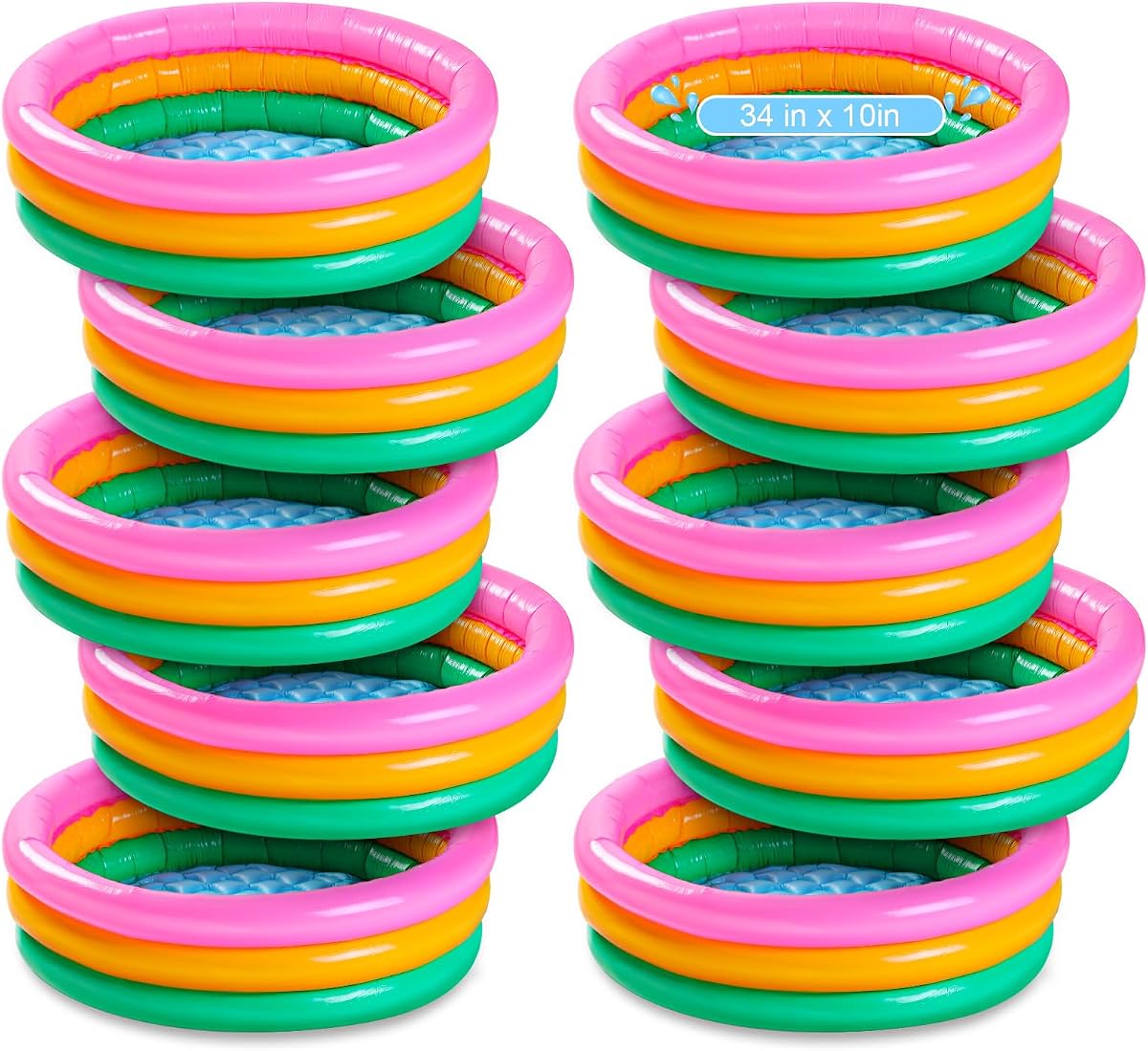Jerify Paquete de 10 piscinas para niños a granel para niños pequeños de 34 x 10 pulgadas, piscina inflable para niños, redonda, 3 anillos, para bebés pequeños, estanque de bolas acolchadas para jardín al aire libre, patio trasero, centro de juegos acuáticos
