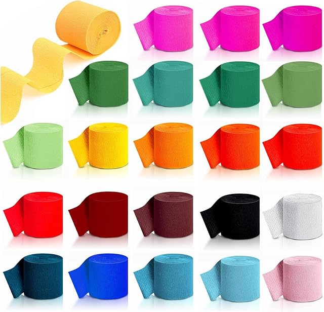 Krepa, 24 rolki kolorowych taśm krepowanych, 4,5 cm x 10 m, do majsterkowania, na wesele, chrzest, urodziny, zakończenie szkoły, Boże Narodzenie, uroczystość