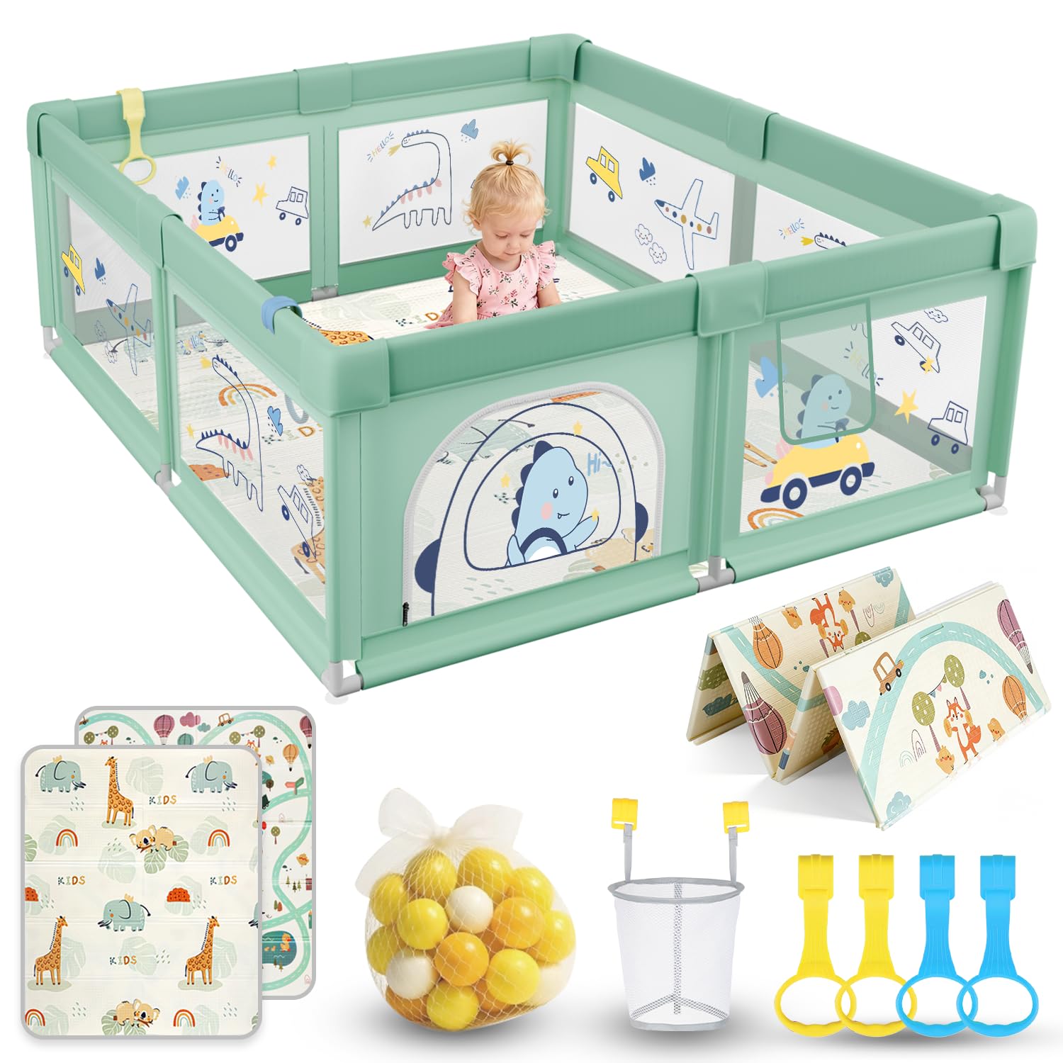 SOFTHOM Laufstall Baby 150x180 mit Matratze, Laufgitter mit 360° Atmungsaktivem Netz und Rutschfestem Bottom, Sicher Stabil Aktivitätszentrum für Kinder mit 60 Ozeanbälle 4 Zugringen, Grün Dinosaurier