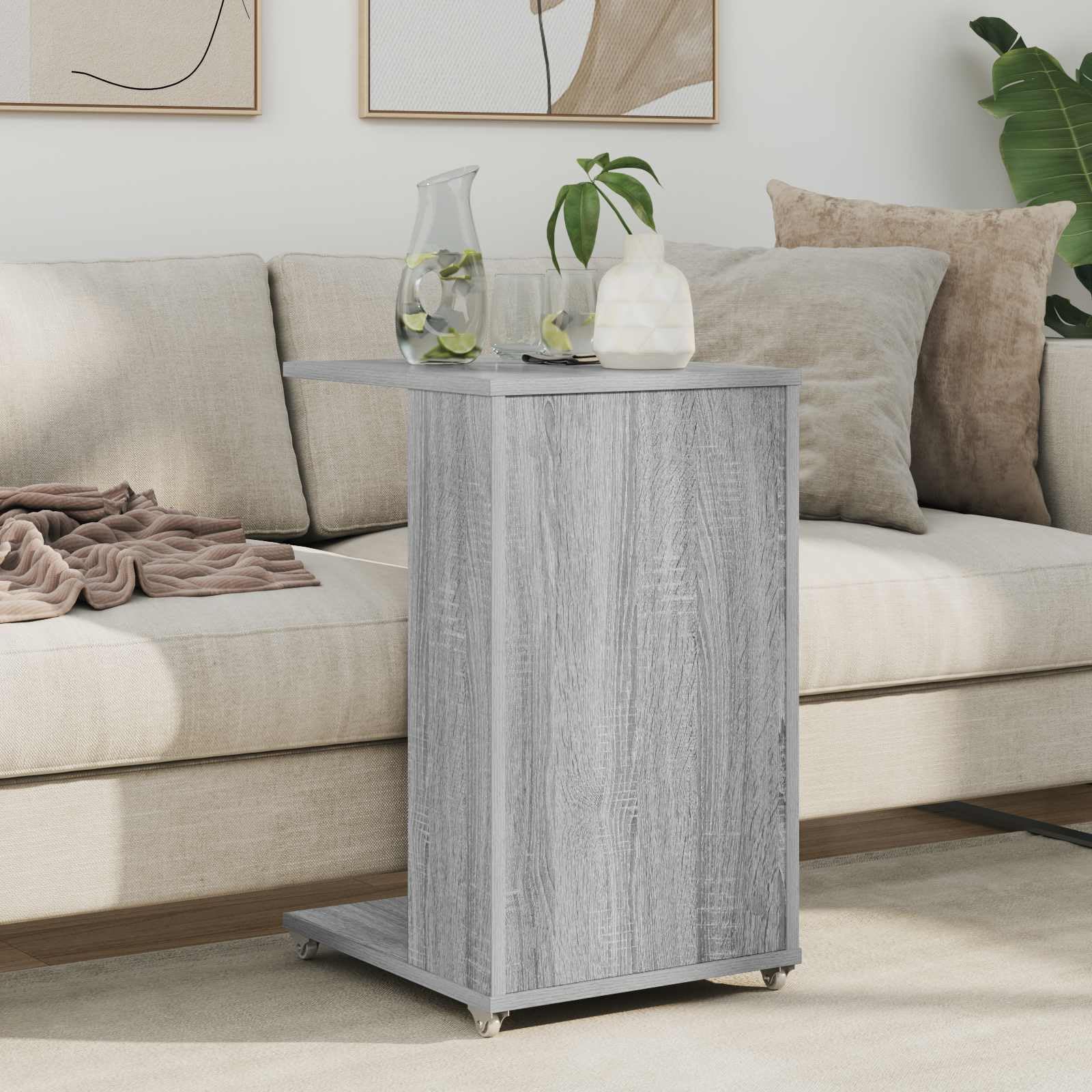 Mesa auxiliar Sonoma gris de madera 40 x 35 x 60 cm con ruedas, ahorra espacio y es flexible como mesa de café, mesita de noche, con estante y espacio de almacenamiento para salón