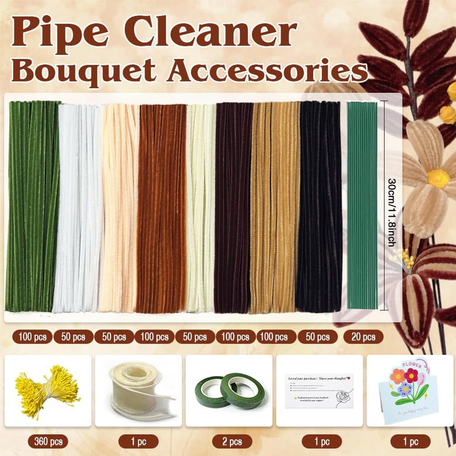 985-Pipe Cleaner Flower Making Kit - 600 Pieces Brown Coffee Beige White Green Chenille Stems with Stamens, Floral Wire & Tape, DIY Rose Sunflower Bouquet Craft Set, Complete Flower Kit
