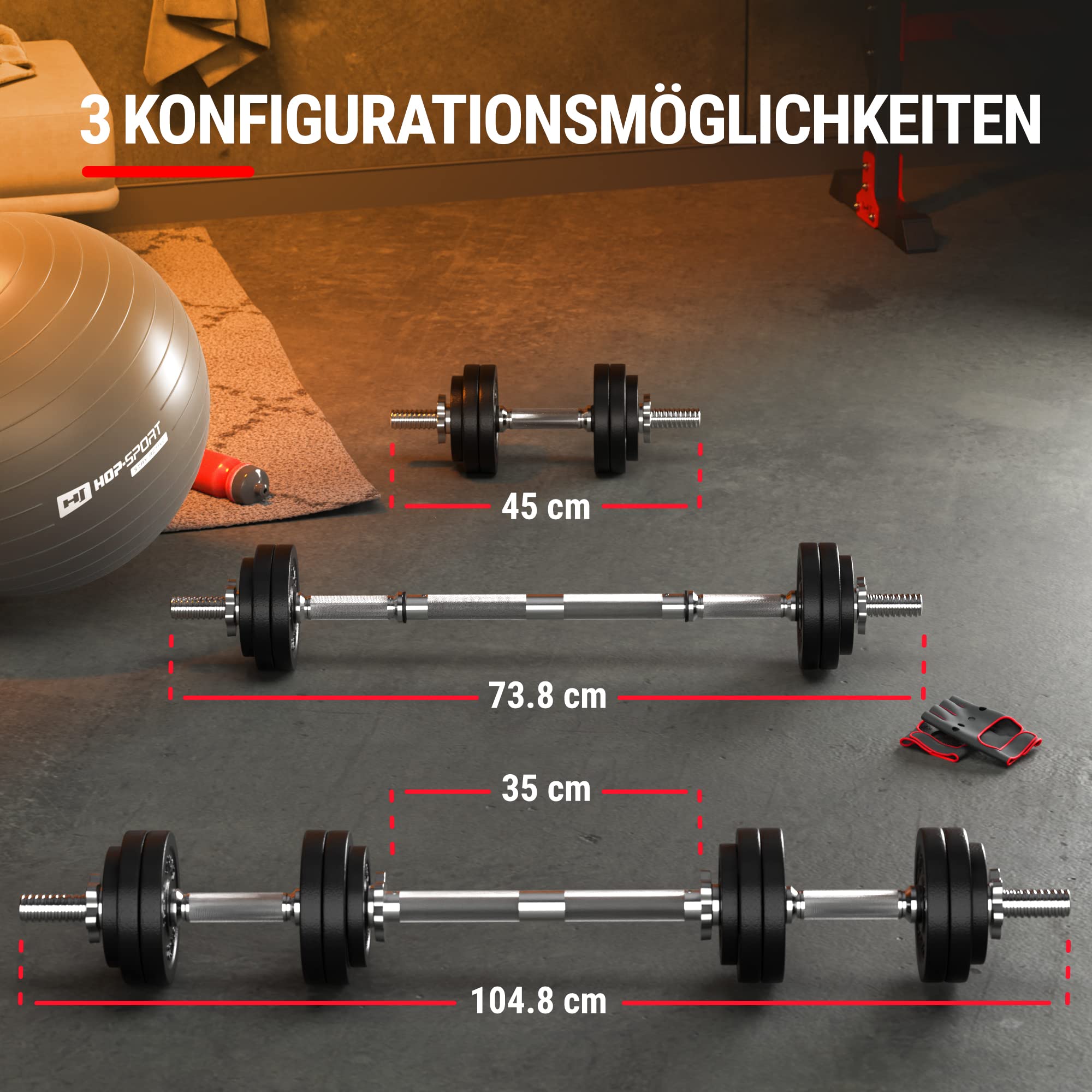 Hop-Sport 2in1 Hantelset Kurzhanteln & Langhantel – Verstellbare Gusseisen Hanteln mit Verbindungsrohr – Training Zuhause Krafttraining inkl. Trainingshandschuhe