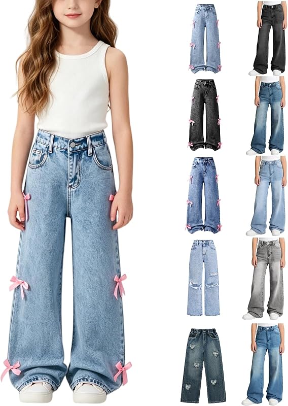 Baggy Jeans for Girls Teens Kids Cute Y2K High Waisted Embroidered Denim Pants with Pockets Preppy Tween Clothes