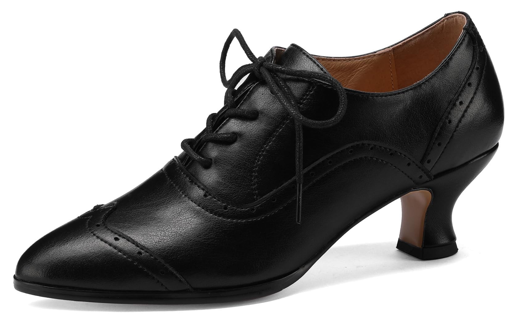 Womens Real Leather Wingtip Oxfords with 2-Inch Low Heel Adjustable Lace-Up Pointed Toe Shoes for Work and Walking
