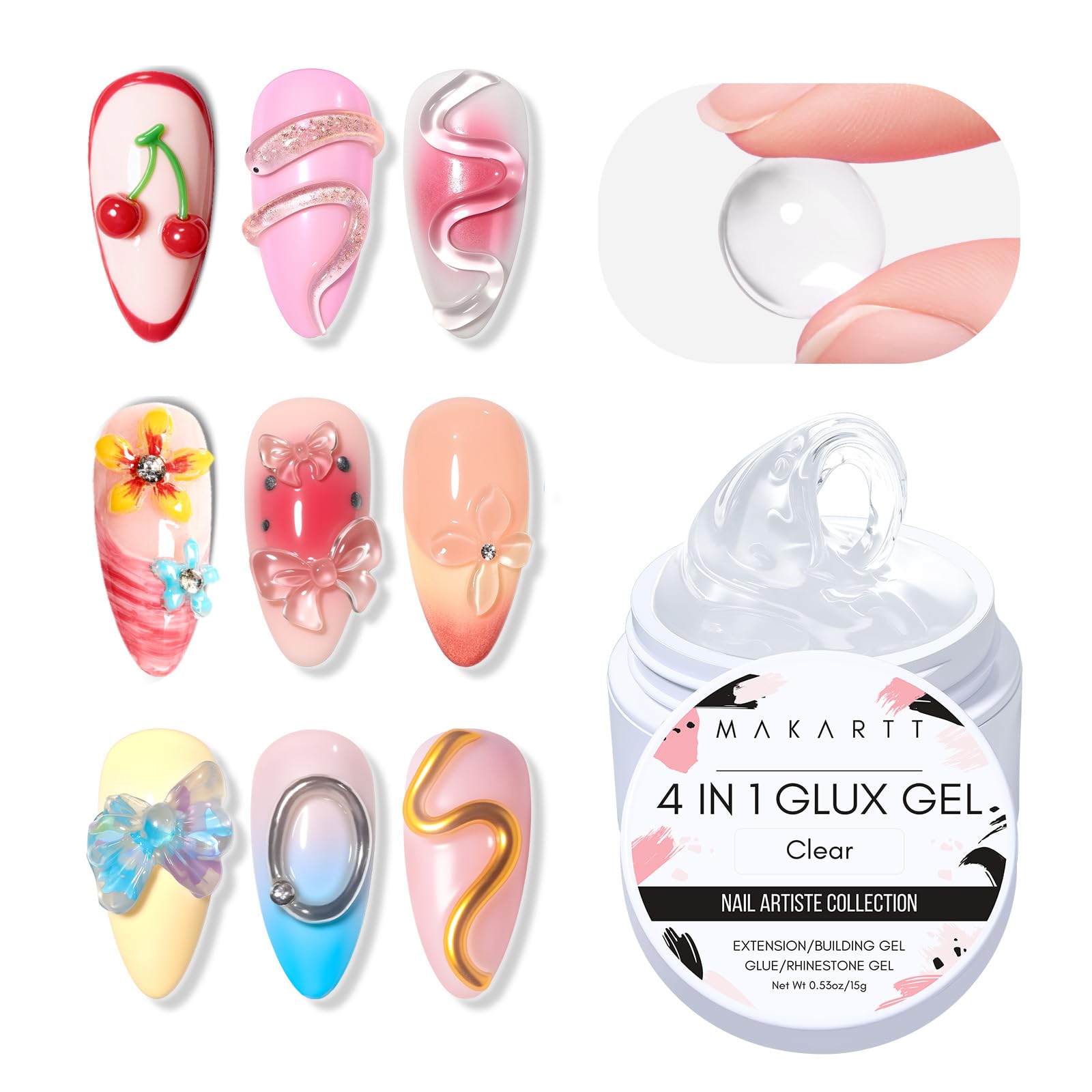 Makartt Solid Builder Gel: 4 in 1 Extension UV Glue for Acrylic Nails, Rhinestones, 3D Sculpture and Molding - 15ML Clear Hard Gel - UV/LED Lamp Required