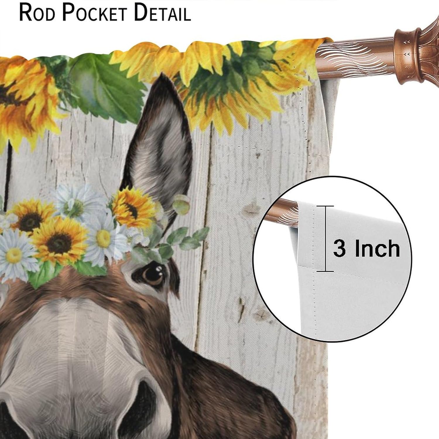 Vintage Farmhouse Donkey Curtains,Funny Cute Donkey Rustic Wooden Board Wheel Floral Sunflower Window Treatments Thermal Insulated Rod Pocket Blackout Drapes for Bedroom 2 Panels 84L x 42W