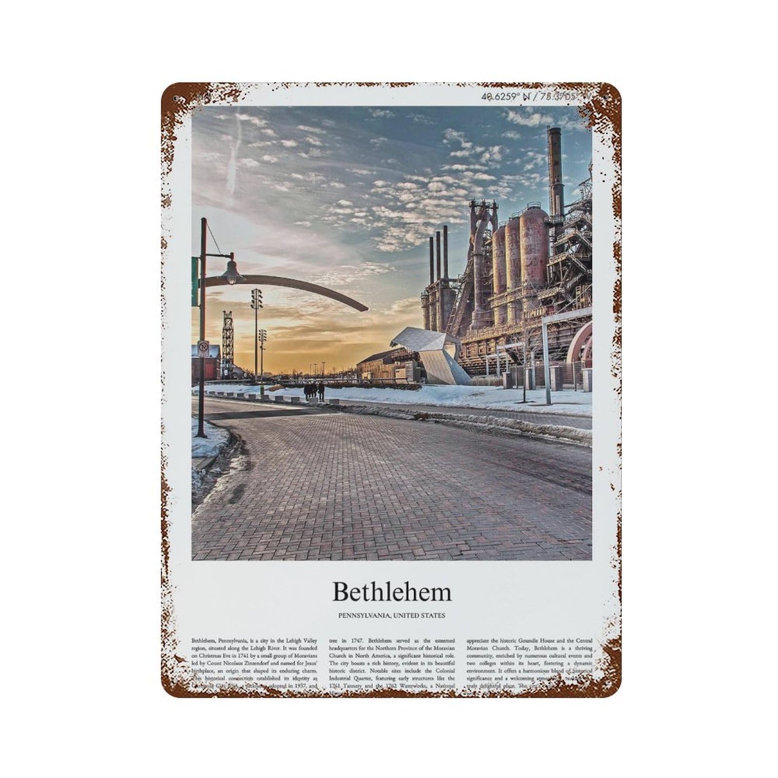 xiaoxiaoshen Bethlehem Pennsylvania, United States, USA City Scenery Wall Decor Art Metal Tin Poster Modern Home Decor Art Home Bar Shop Decorations Vintage Sign 40x30cm
