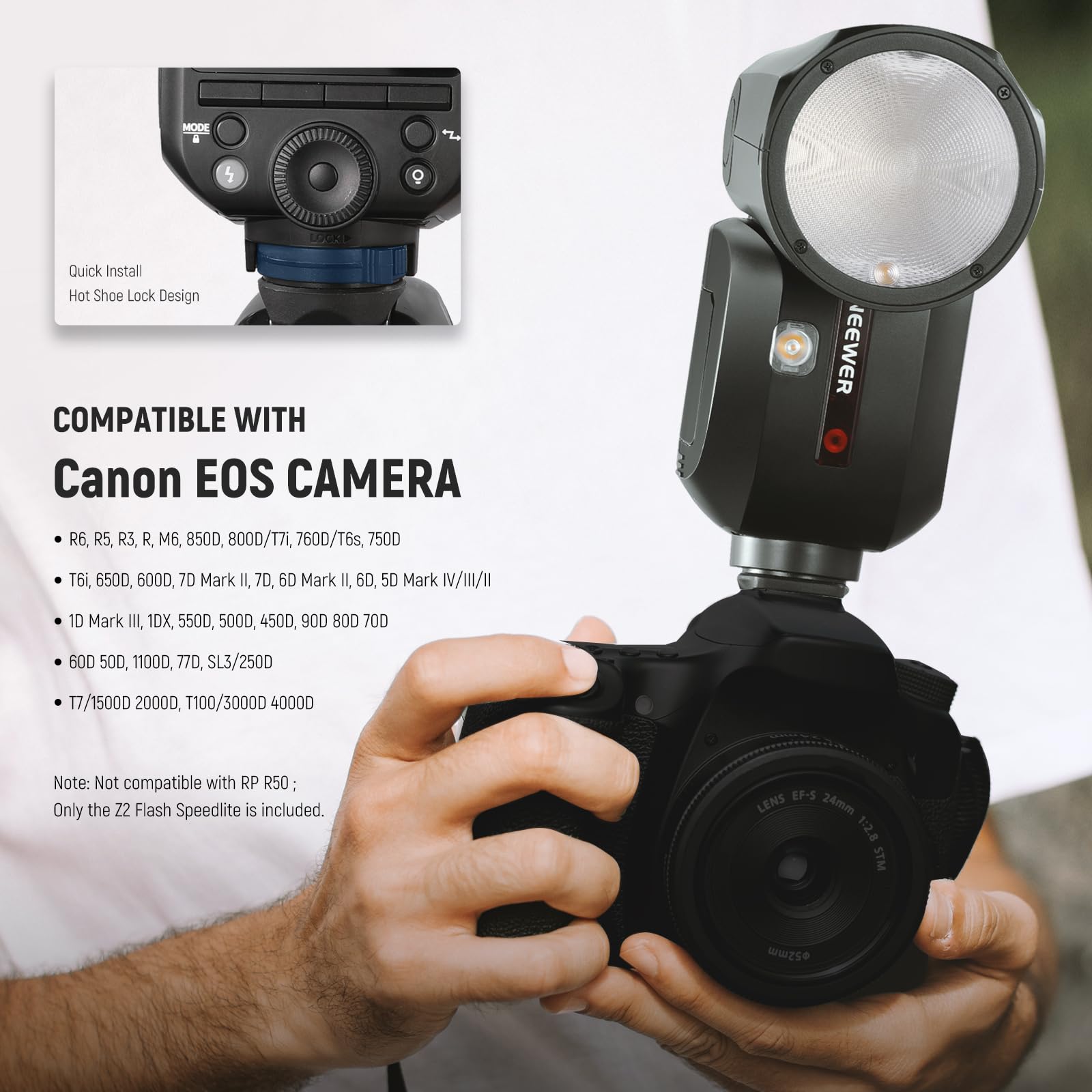 NEEWER Z2-C Flash Speedlite TTL Tête Ronde 2,4G Compatible avec Canon, Flash Speedlight HSS 1/8000s Nouvelle Interface Utilisateur, 2 Lampes Pilotes, Sélecteur TCM TTL/M,600 Flashs