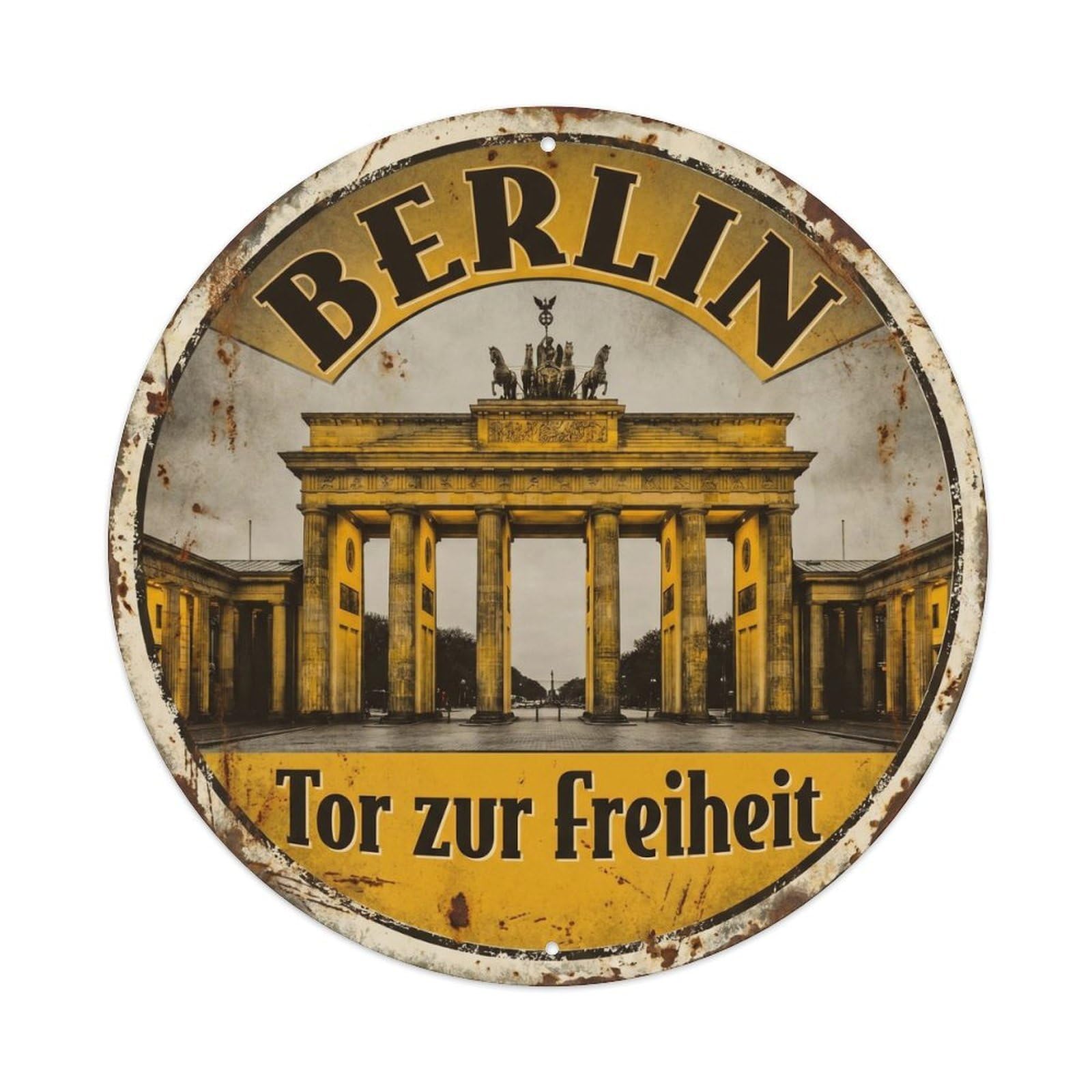 Vintage Travel Brandenburg Gate Berlin Metal Tin Sign Plaque Wall Decor for Cafe, Club, Garden Round Metal Poster 8x8Inch