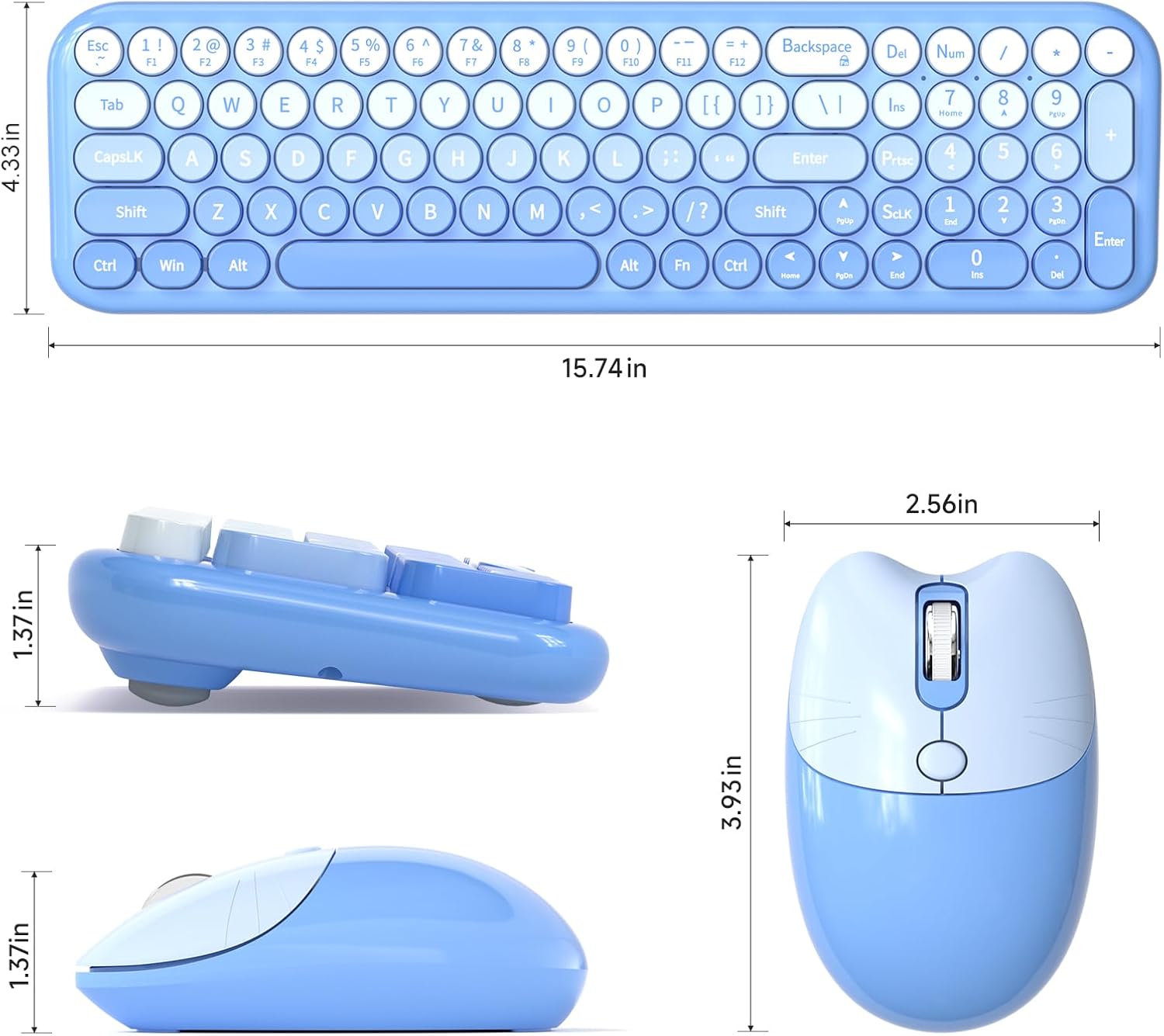 Wireless Keyboard and Mouse Combo, Meidosa 2.4GHz Colorful Full-Size Retro Typewriter Keyboard with Cat Shape 3 Level Adjustable Optical Mouse for PC/Desktop/Laptop/Windows (Blue Gradient)