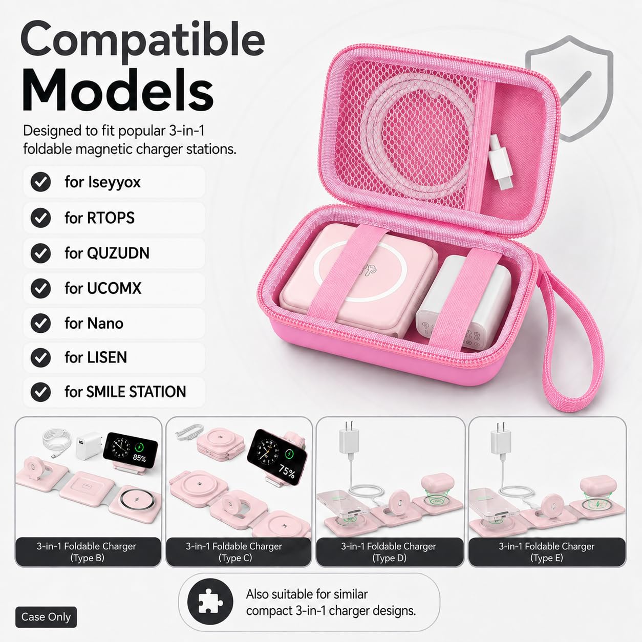 Funda de viaje para UCOMX para Nano/para Rtops/para Hicober/para Iseyyox cargador inalámbrico 3 en 1, estación de carga magnética plegable para cable y adaptador de almohadilla de carga rápida, color