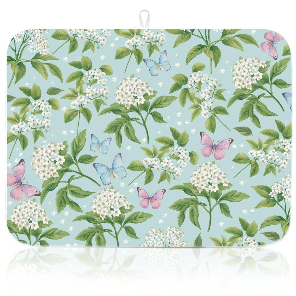 Tapis de séchage vaisselle imprimé papillons pour un comptoir de cuisine fleuri