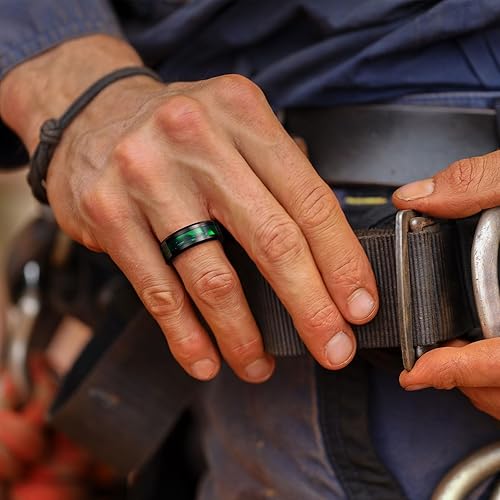 Miniatura 4 de King Will Anillo de boda de carburo de tungsteno para hombres - 8 mm negro, pulido de alta calidad, incrustaciones de textura de concha verdenegra