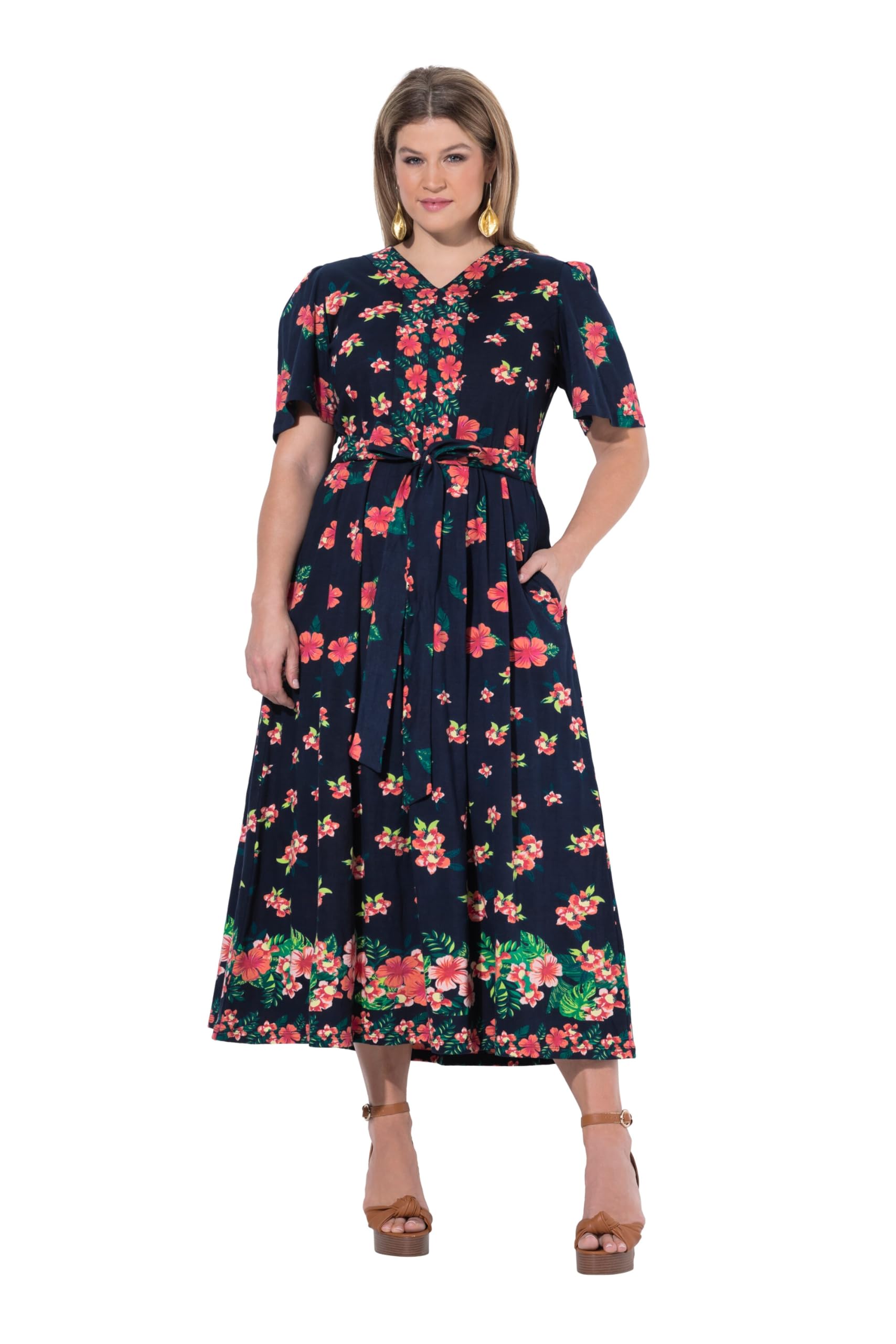 Ulla Popken Damen große Größen Übergrößen Plus Size Maxikleid, Blüten, V-Ausschnitt, Halbarm 847408