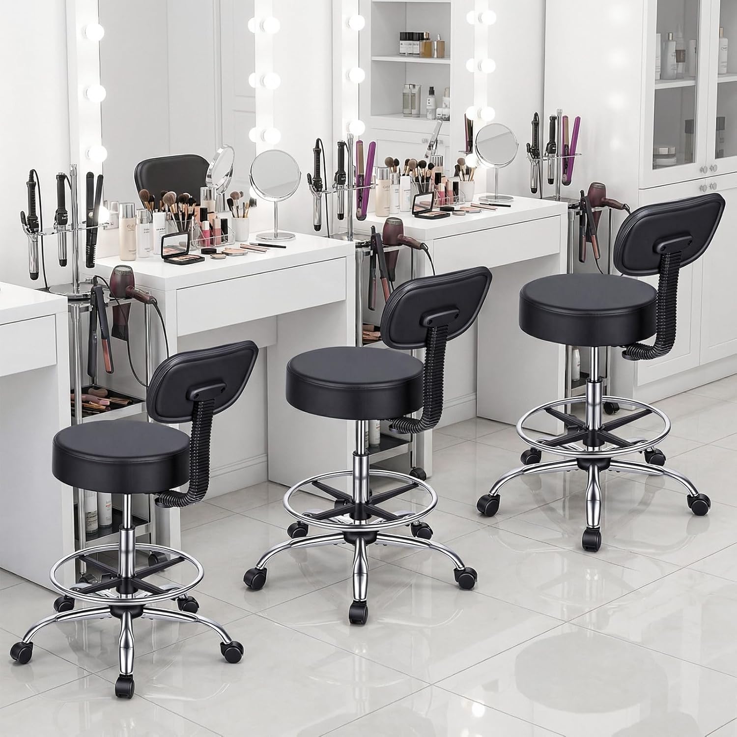 Ergonomic Drafting Stool with Backrest - Height Adjustable Comfortable Office Desk Chair, Faux Leather 360° Swivel Rolling Stool with Adjustable Foot Rest for Office Spa Studio Lab Counter Salon HOM