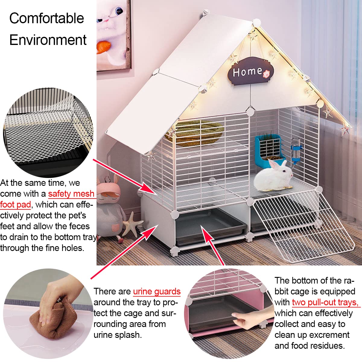 Choowin 2-Story Small Rabbit Cage Bunny Hutch Guinea Pig Cage Small Animals Cage, Metal Wire Netting Villa with Pull-Out Tray, Indoor Habitat Cage for Ferret Chinchilla Hedgehog, White
