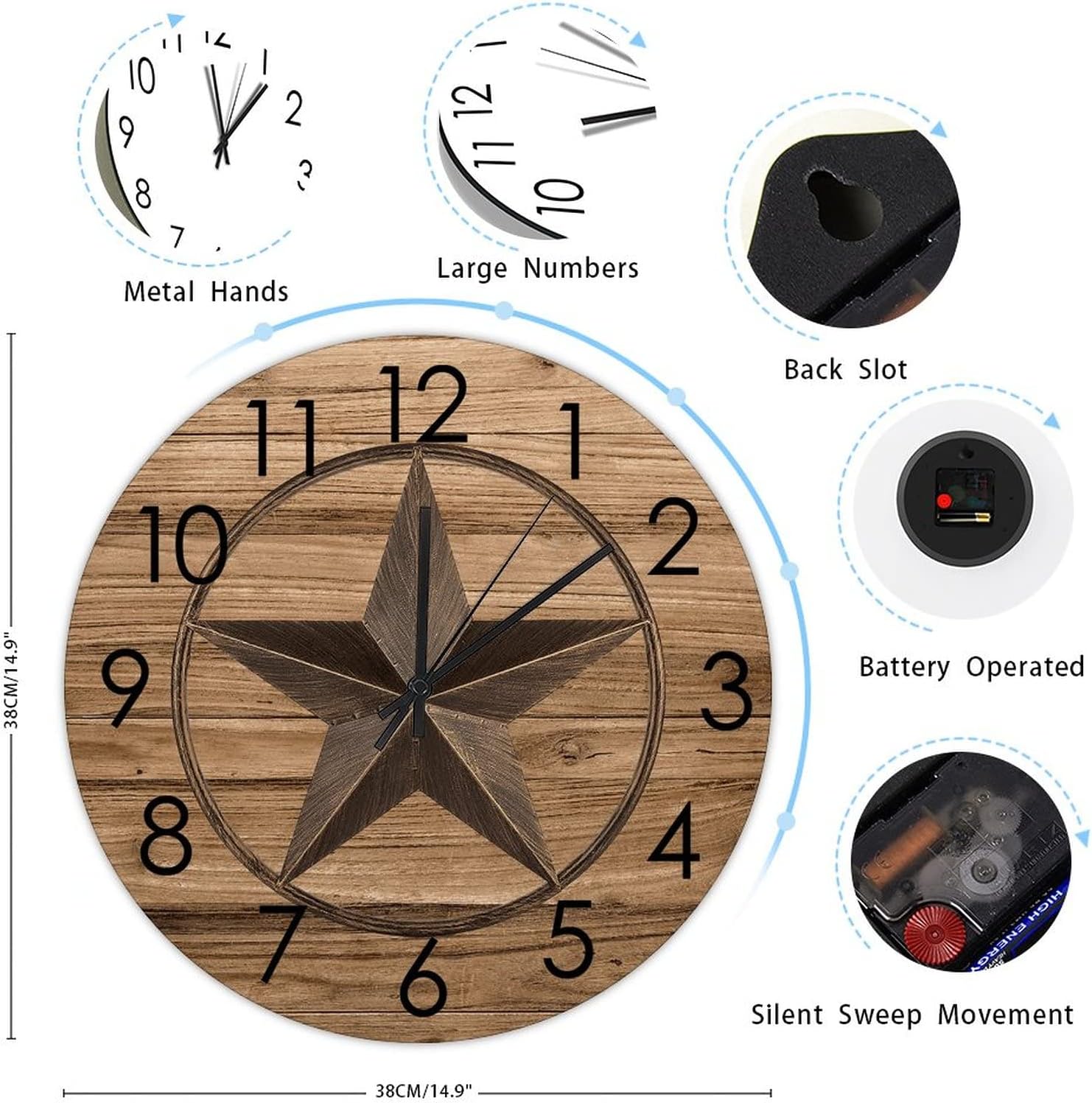Round Wood Wall Clock Texas Star Silent Battery Operated Wood Clock Antique Western Country Farmhouse Wall Decoration for Living Room Porch Patio Barn, 15''x15''