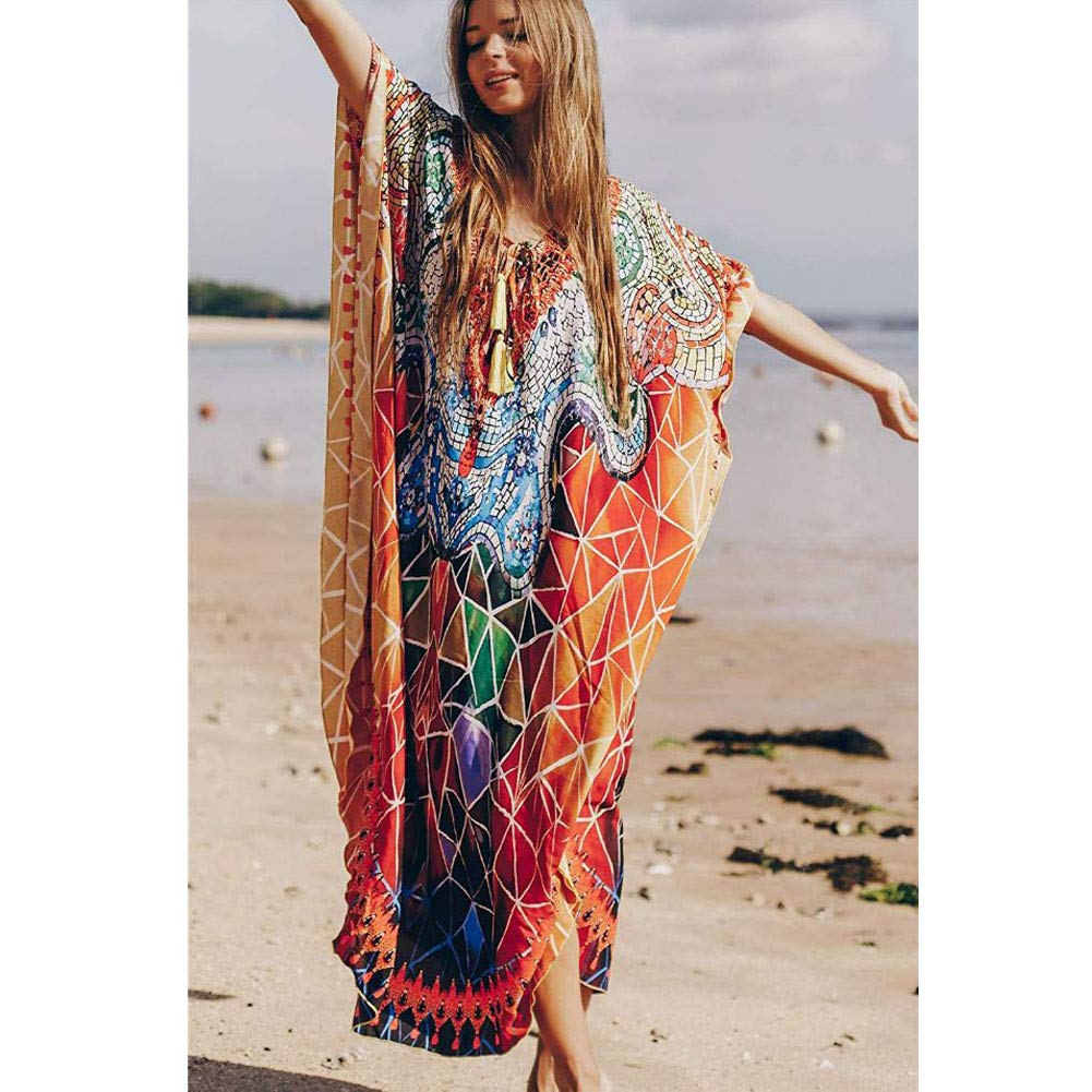Caftan Vestido Largo de Playa Mujer Verano Traje de Baño Bohemio Floral Maxi Túnica Pareo Bikini Cover Up