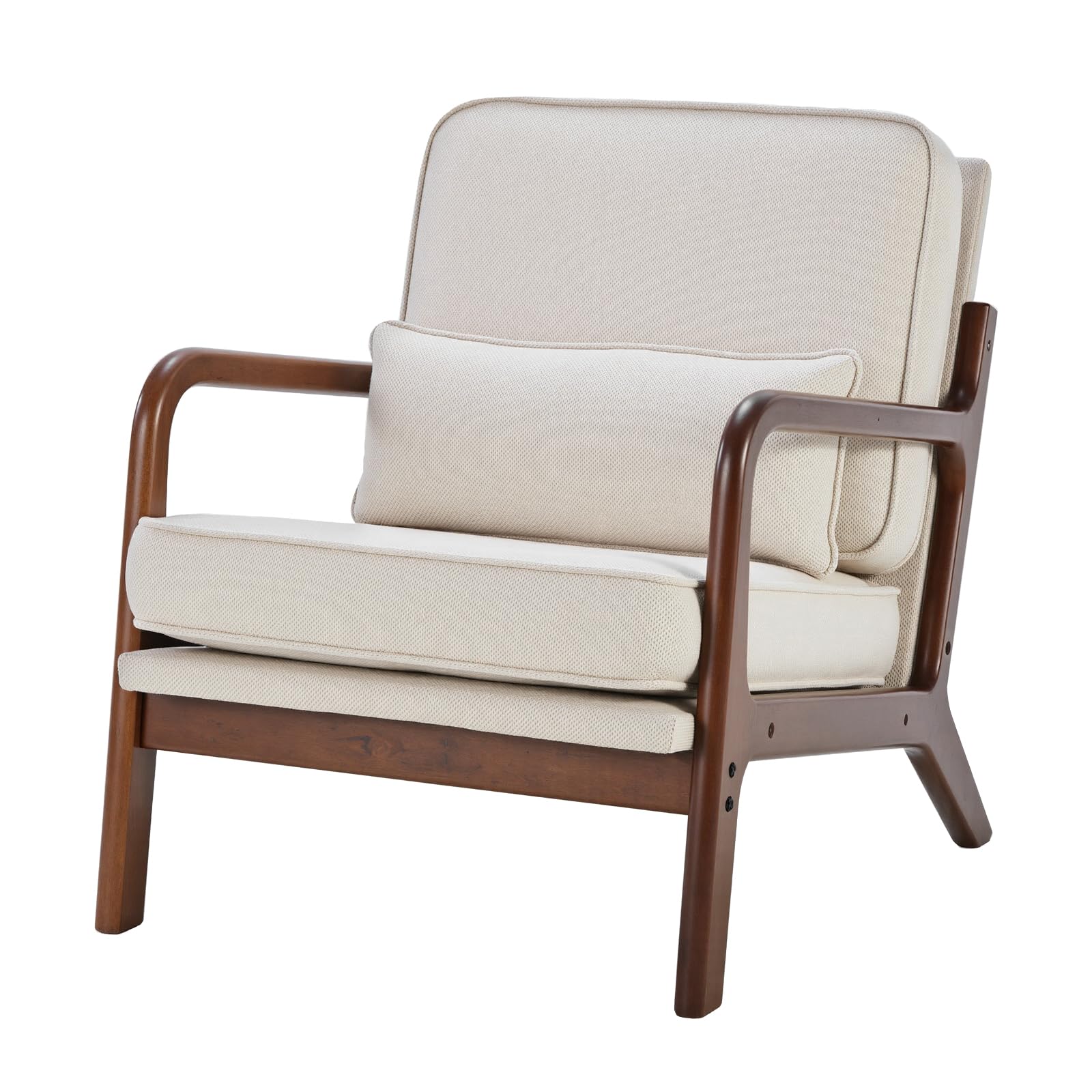 dumos mid century modern accent chair, upholstered armchair with lumbar pillow and solid wood frame, low side sitting chair for small living room, bedroom, balcony, home corner, beige