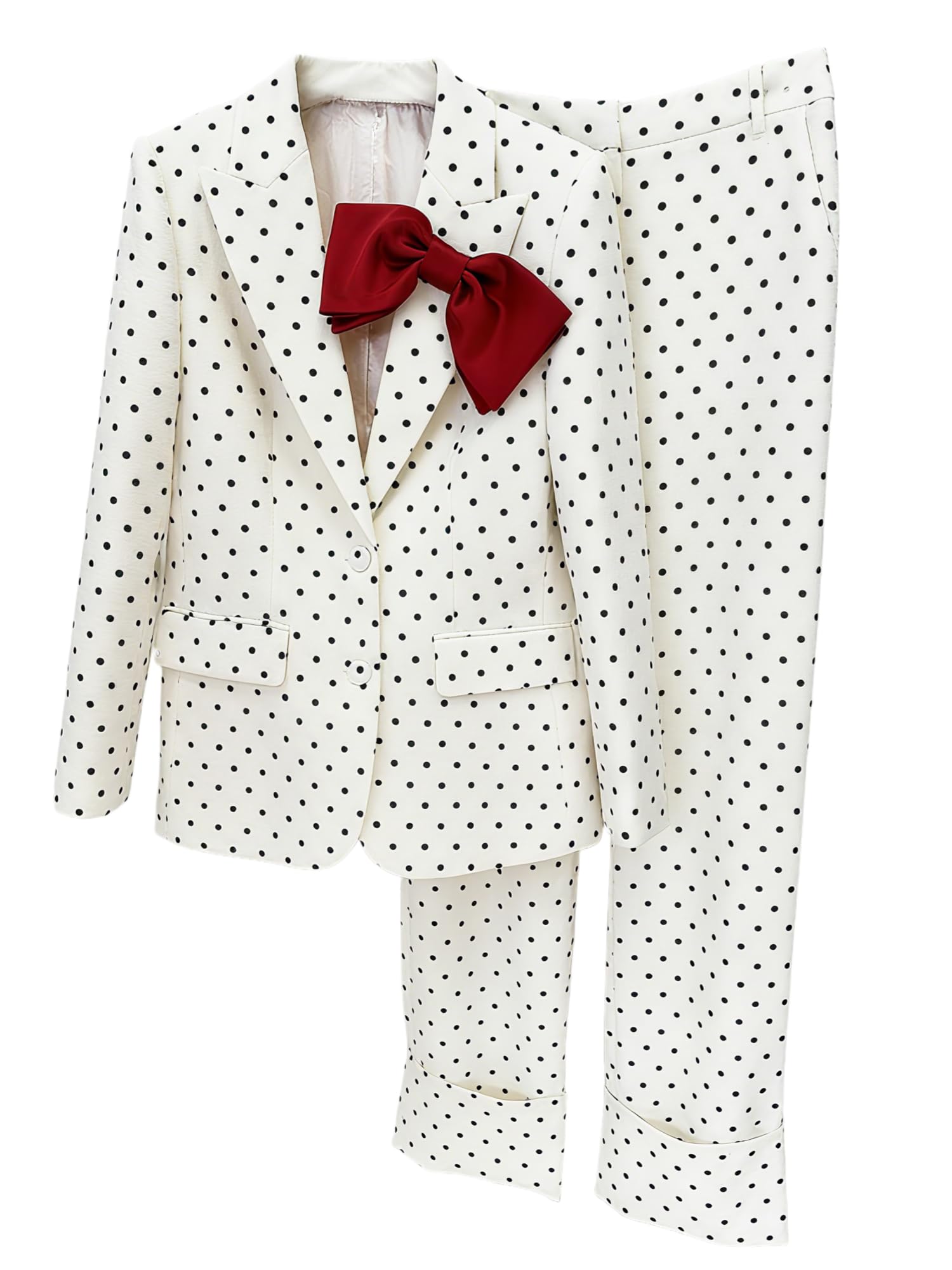 Designer Suit Set for Women Bow Polka Dot Blazer Pants Sets 2PCS Vintage Style Jacket Trousers Outfit
